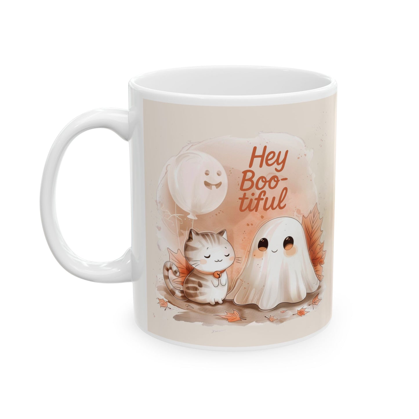 Autumn Hey Boo-tiful Ghost Ceramic Mug, Cozy Fall Mug, Cute Ghost Coffee Cup, Gift for Ghose Lovers, Halloween Decor, Thanksgiving Coffee Mug