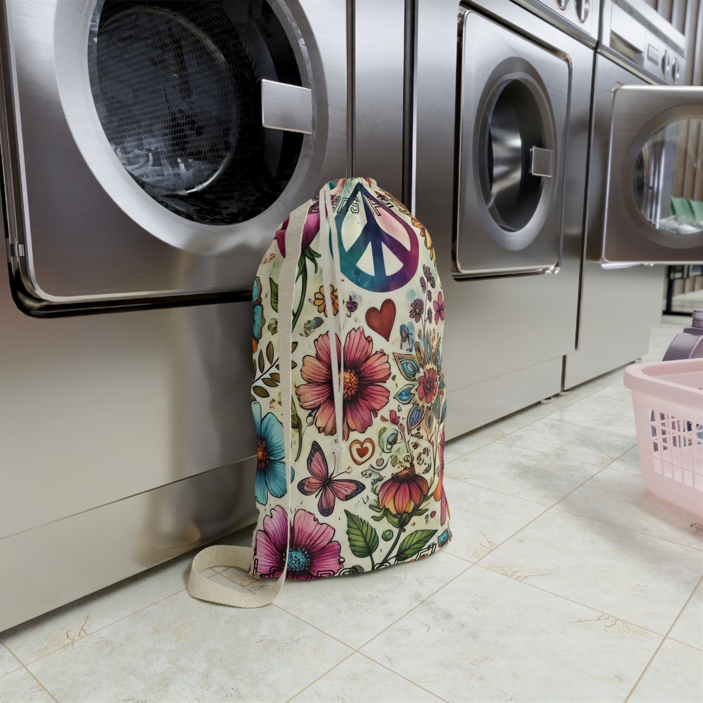 Peace & Flowers Laundry Bag — Boho Floral Drawstring Bag for Travel & Dorm - "Loads of Fun" saying