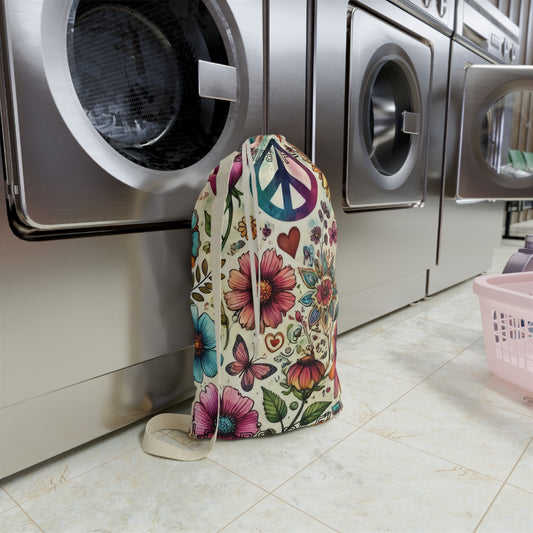 Peace & Flowers Laundry Bag — Boho Floral Drawstring Bag for Travel & Dorm - "Loads of Fun" saying