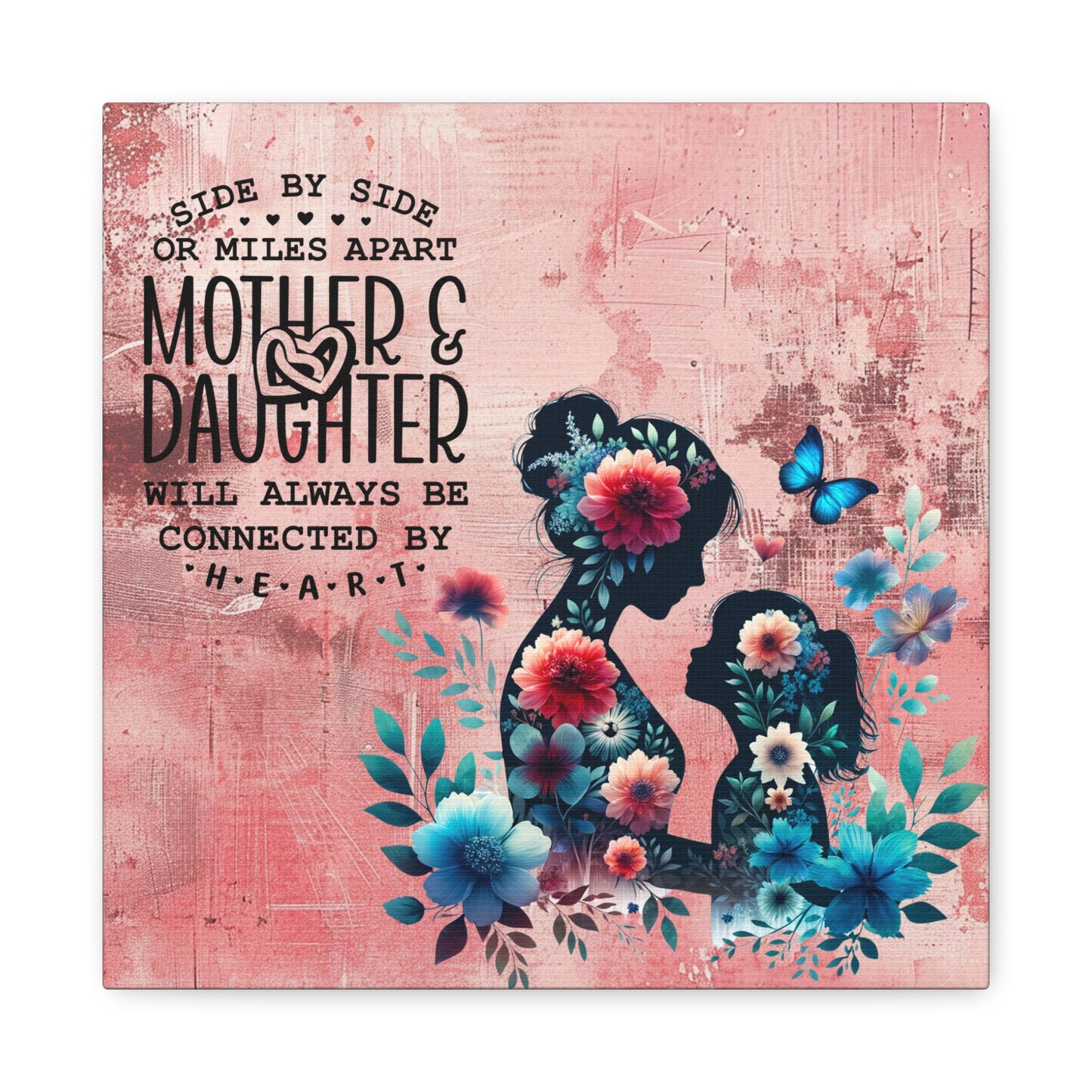 Mother-Daughter Love With Floral And Butterfly Canvas Wall Art Print
