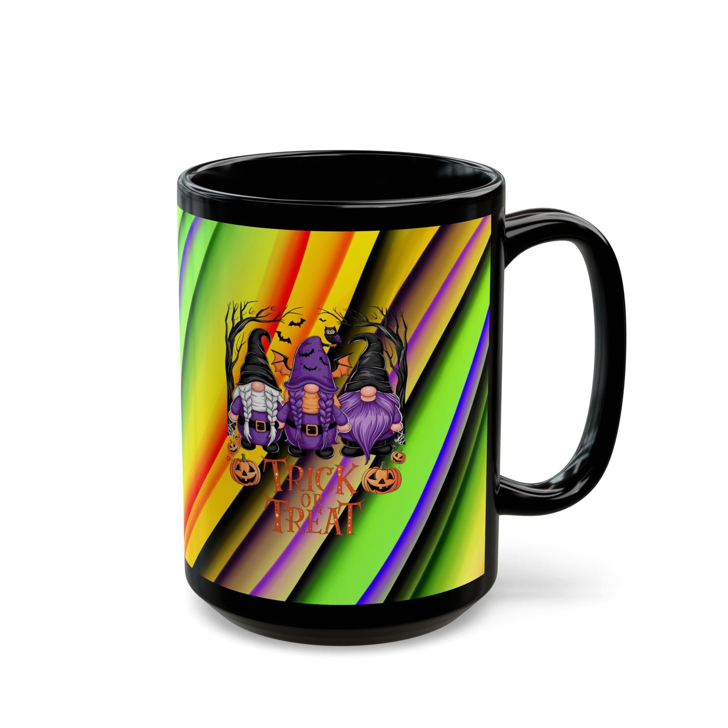 Halloween Theme Black Mug (11oz, 15oz), Cute Halloween Expression with Gnomes, Halloween Lovers, Gnome Lovers, Coffee, Tea, Hot Chocolate Lovers Gift Idea