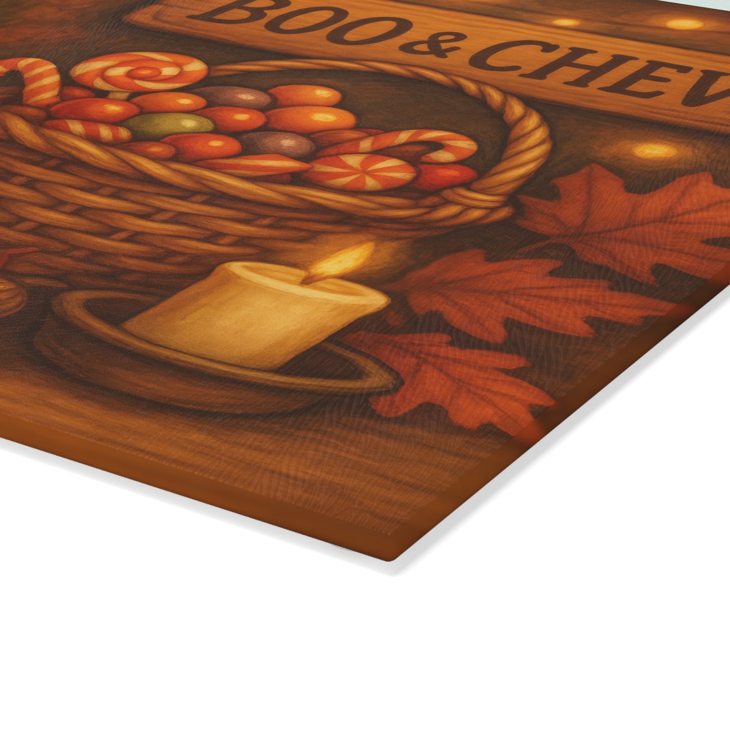 Halloween Themed Glass Cutting Board with 'Boo & Chew' Design