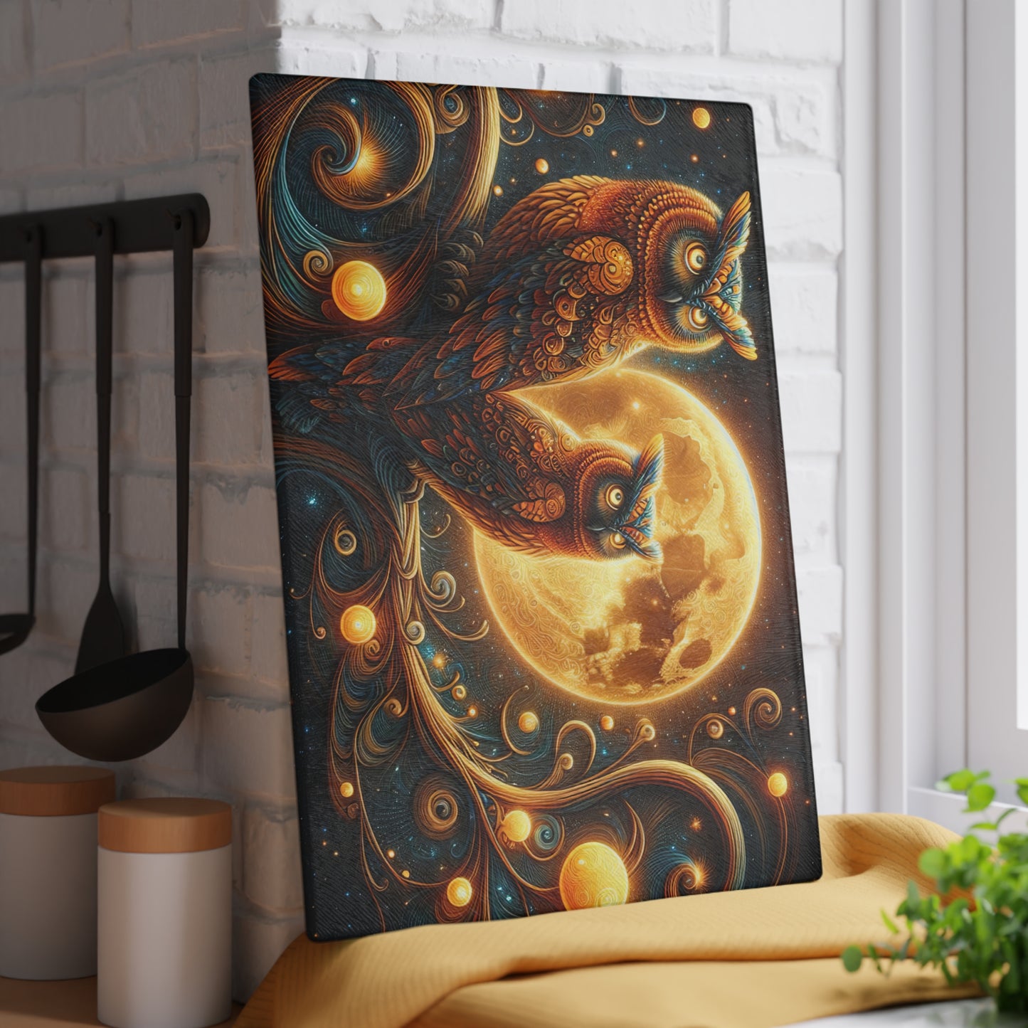 Owl Moonlit Glass Cutting Board - Artistic Kitchen Decor