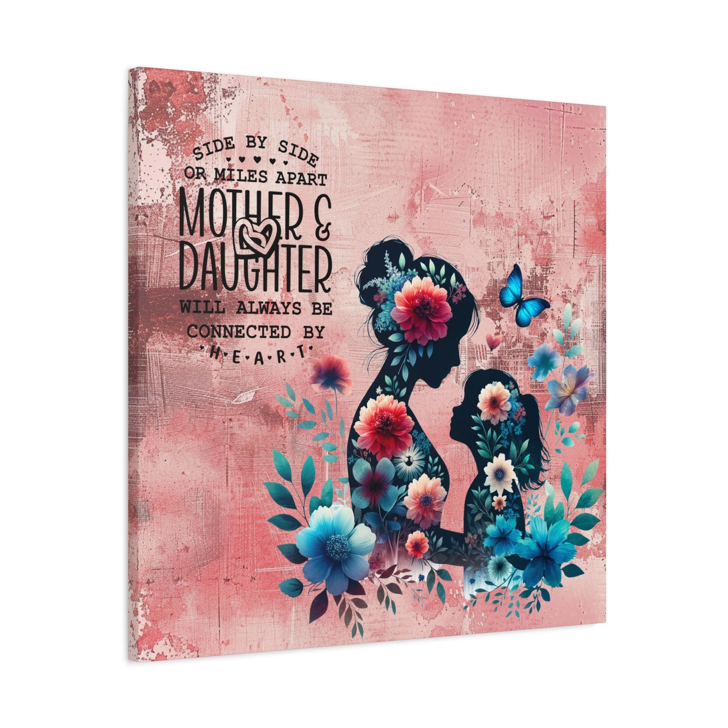 Mother-Daughter Love With Floral And Butterfly Canvas Wall Art Print