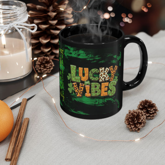 Lucky Vibes Black Mug — St. Patrick’s Day Leopard Print Shamrock Coffee Cup (11oz/15oz)
