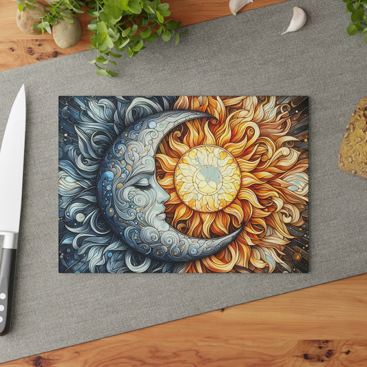 Sun and Moon Design Glass Cutting Board - Decorative Kitchen Art