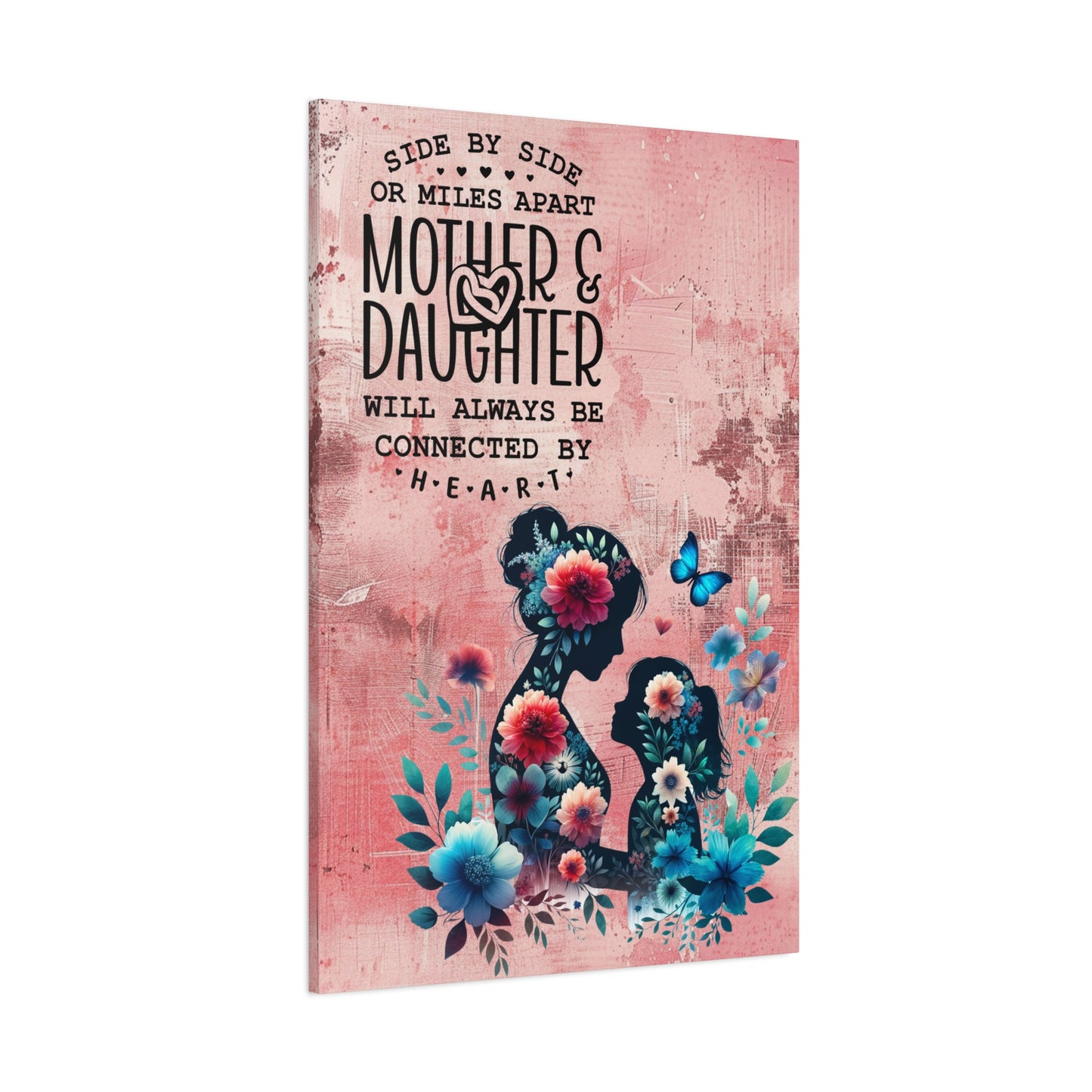 Mother-Daughter Love With Floral And Butterfly Canvas Wall Art Print