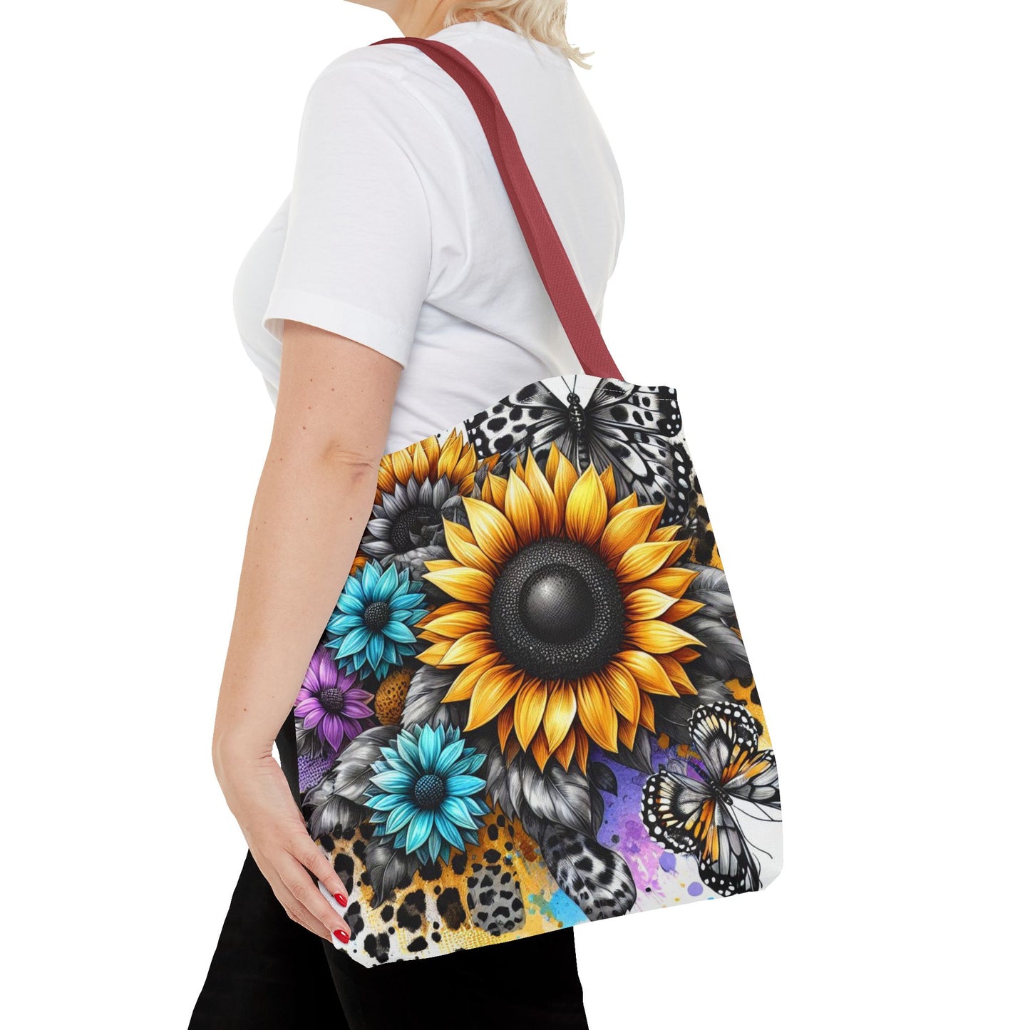 Sunflower & Butterfly Tote Bag — Colorful Floral All-Over Print