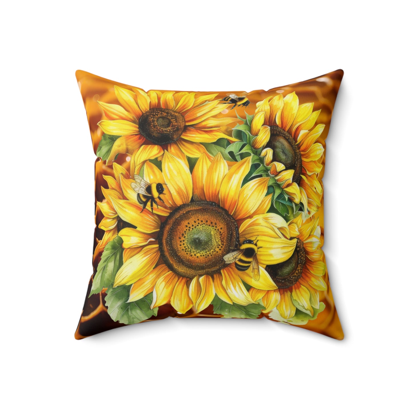 Decorative Spun Polyester Square Pillow, Honeybees and Sunflowers Accent for Any Room, Honeybees and Sunflower Lovers Home or Office Decor