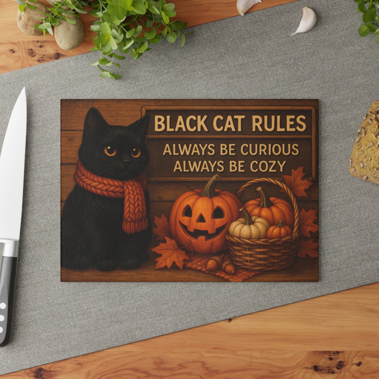 Black Cat Rules Glass Cutting Board - Always Be Curious, Always Be Cozy