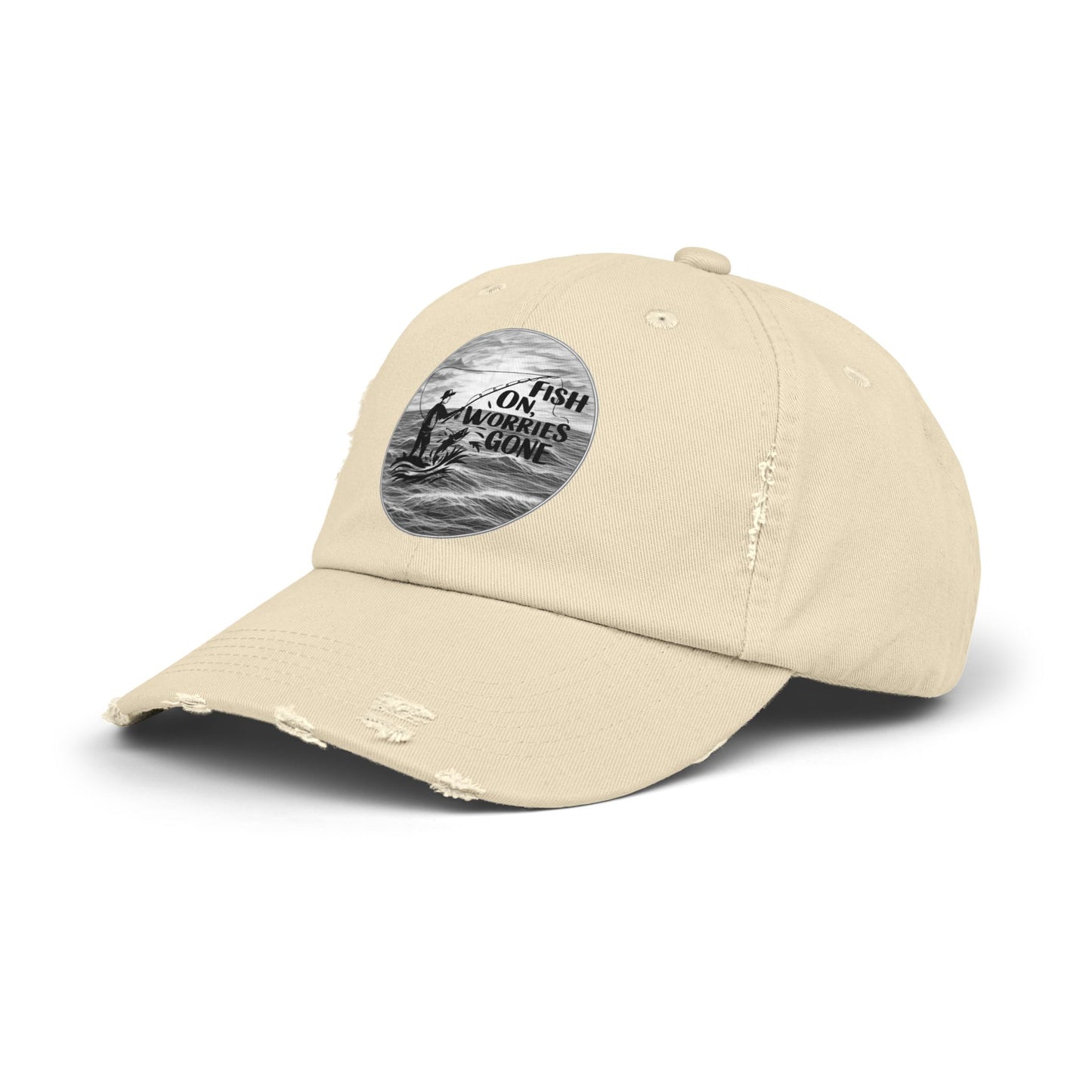 Fishing Themed "Fish On Worries Gone" Distressed Cap - Perfect Gift for Anglers, Outdoor Enthusiasts, Summer Vibes, Relaxation Hats, Fun Fishing Accessories