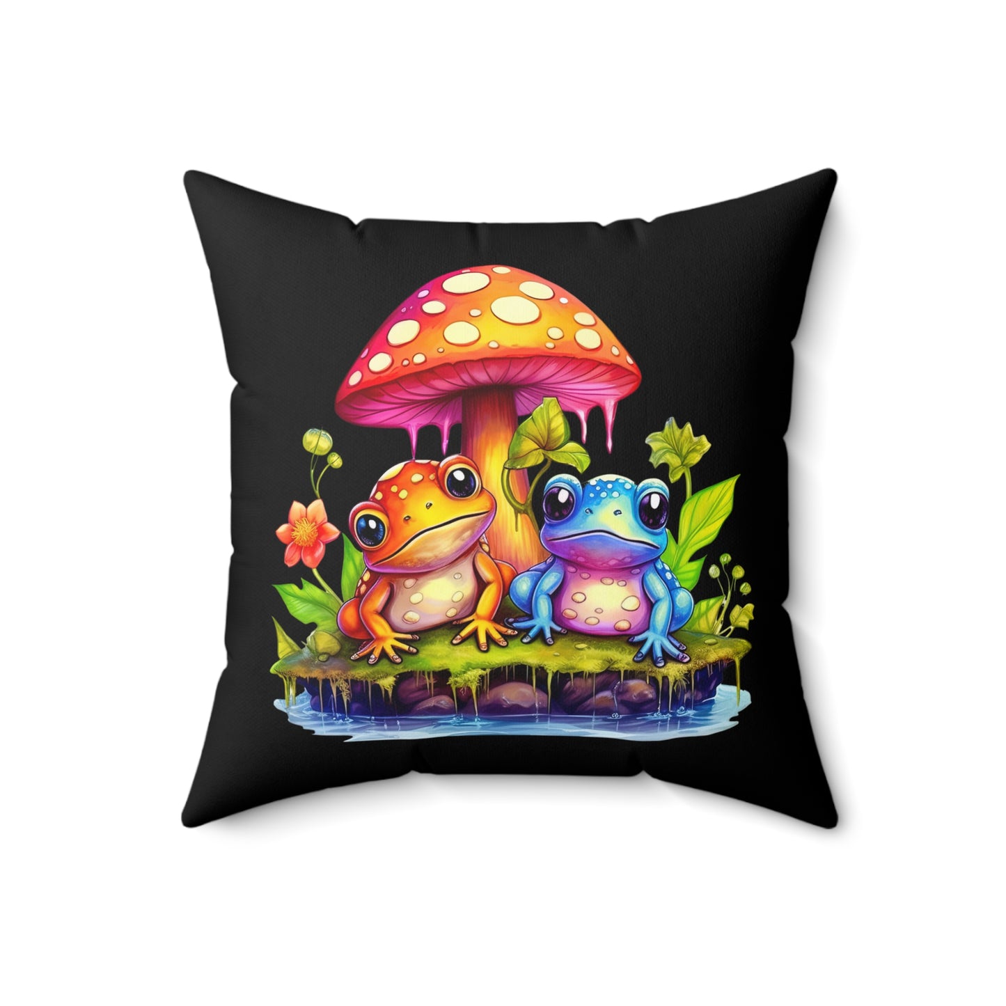 Mushroom with Frogs Spun Polyester Square Pillow, Stylish Mushroom with Frogs Decor for Home or Office, Great Gift Idea for Any Occasion