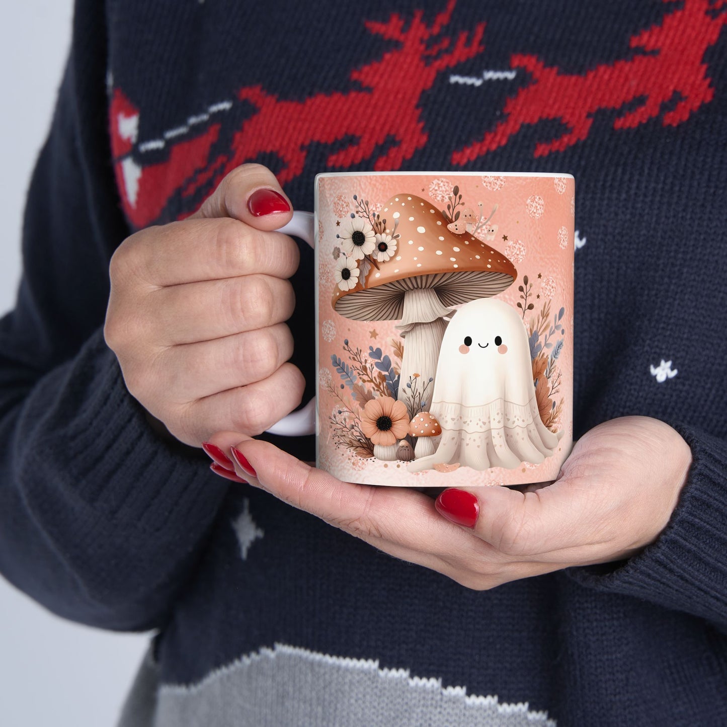 Whimsical Floral Mushroom Cute Ghost Mug, Cute Cafe Mug, Halloween Gift, Cozy Beverage Container, Fall Decor, Coffee Lover Gift