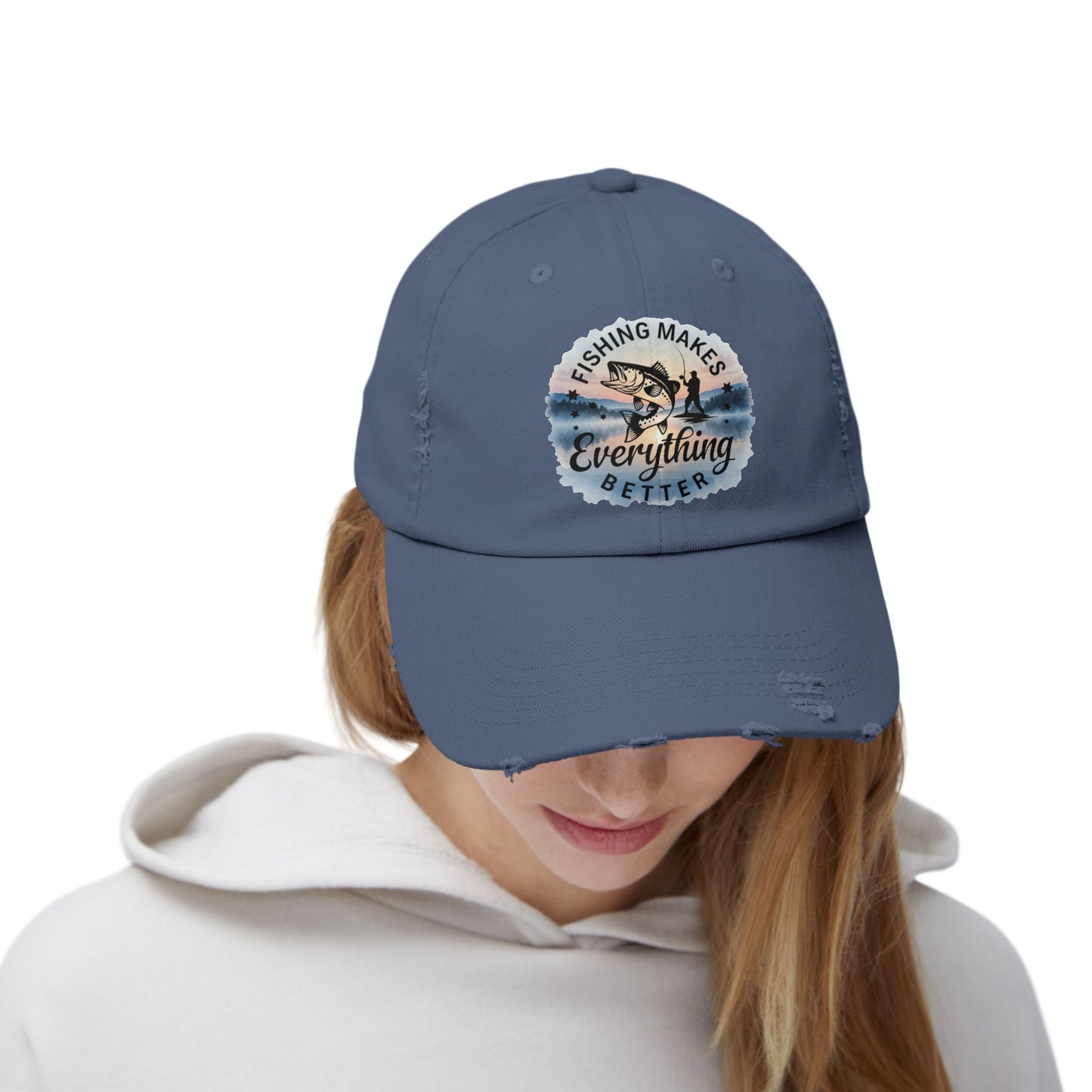 Fishing Humor "Fishing Makes Everything Better" Distressed Cap | Unisex Summer Hat, Fishing Accessories, Outdoor Gear, Gift for Anglers, Casual Headwear