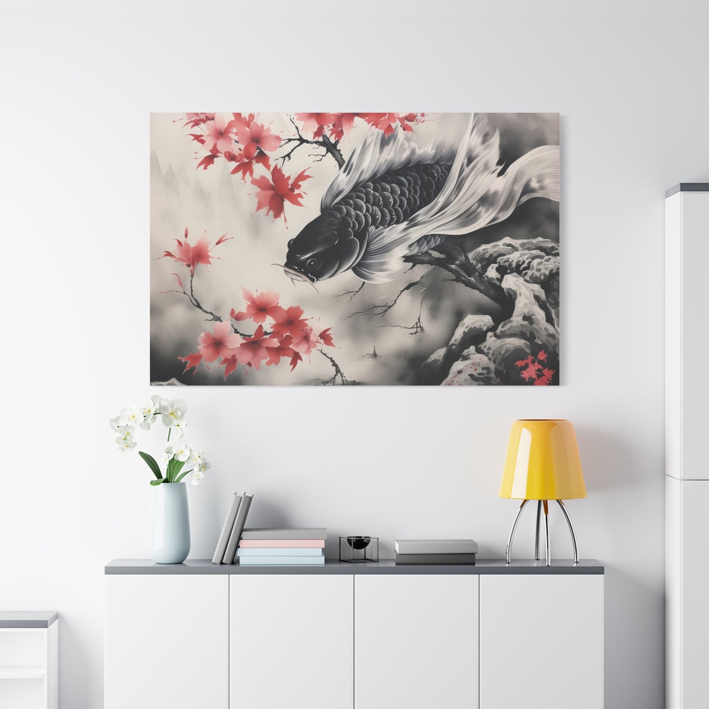 Koi Fish Artwork Canvas Wall Art Print - Elegant Decorative Wall Art with Cherry Blossoms