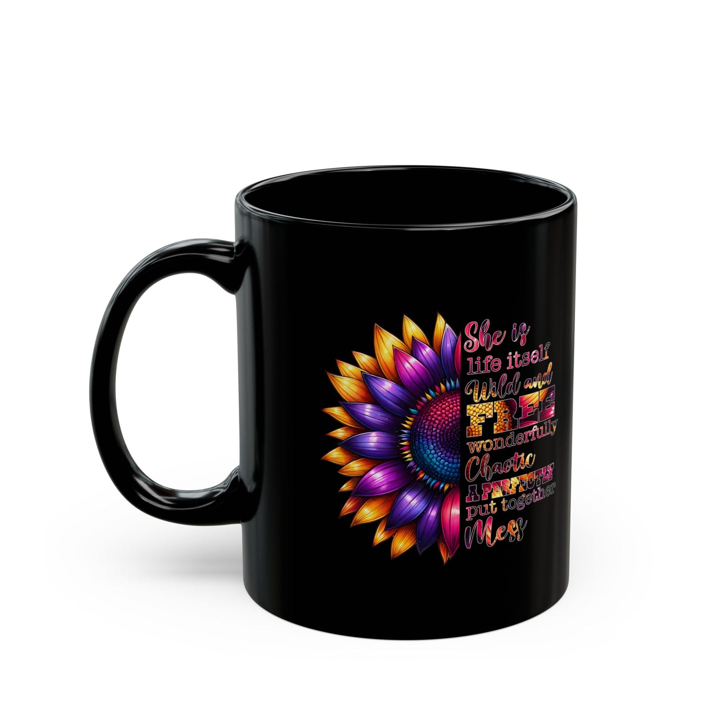 Inspirational Black Mug with Colorful Flower Design - Perfect Gift for Women