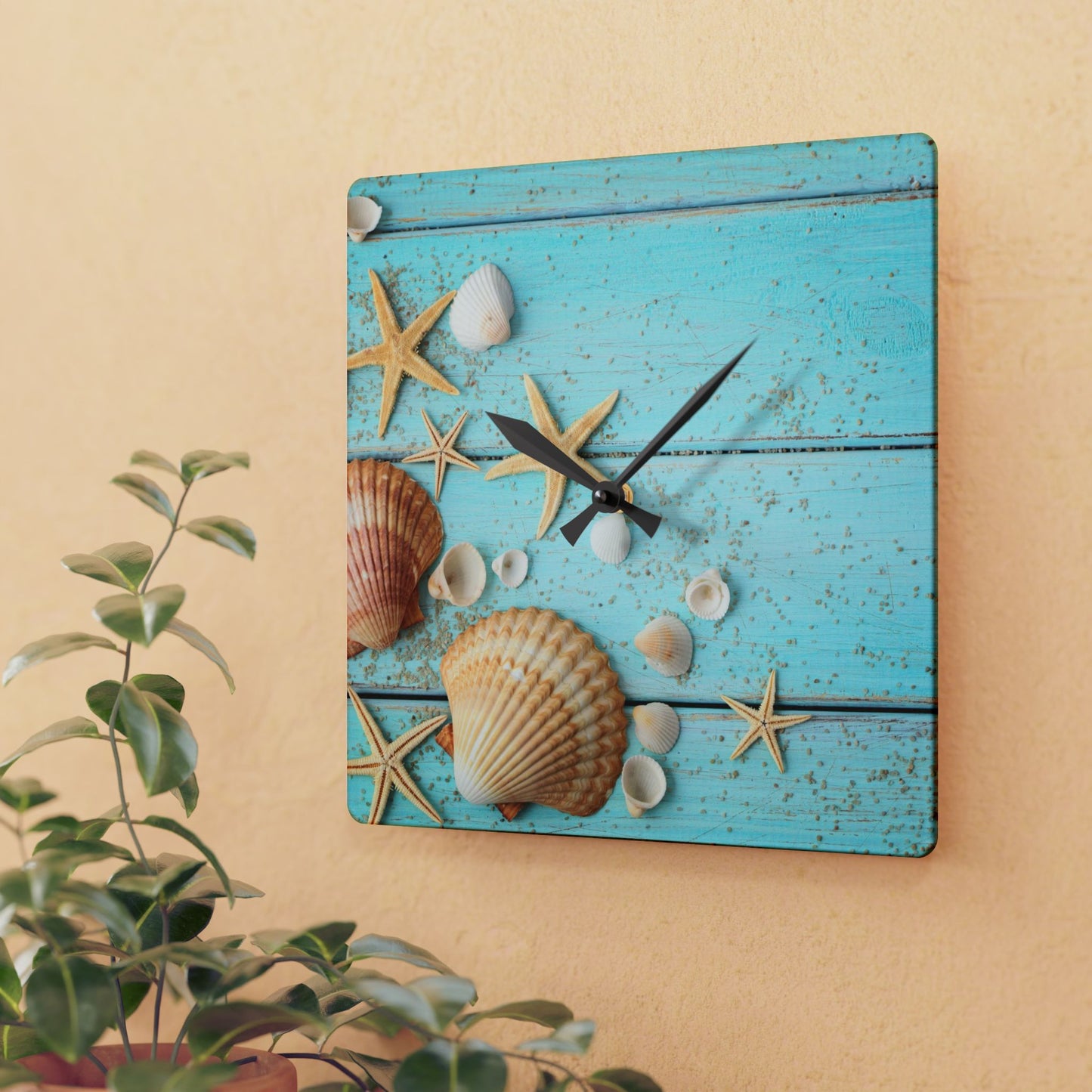 Sea Shells Acrylic Wall Clock - Coastal Beach Home Office Decor