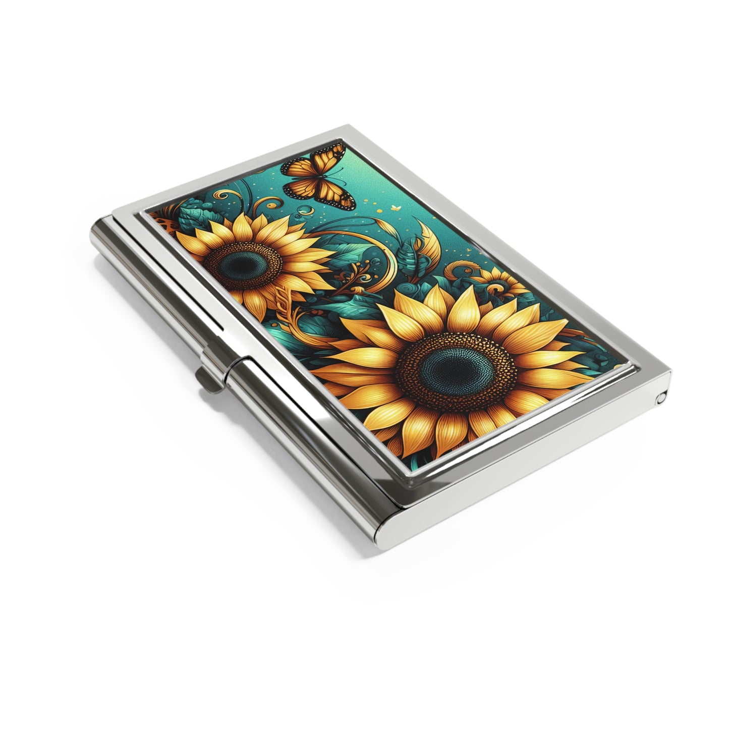 Sunflower & Butterfly Metal Business Card Holder — Floral Professional Card Case