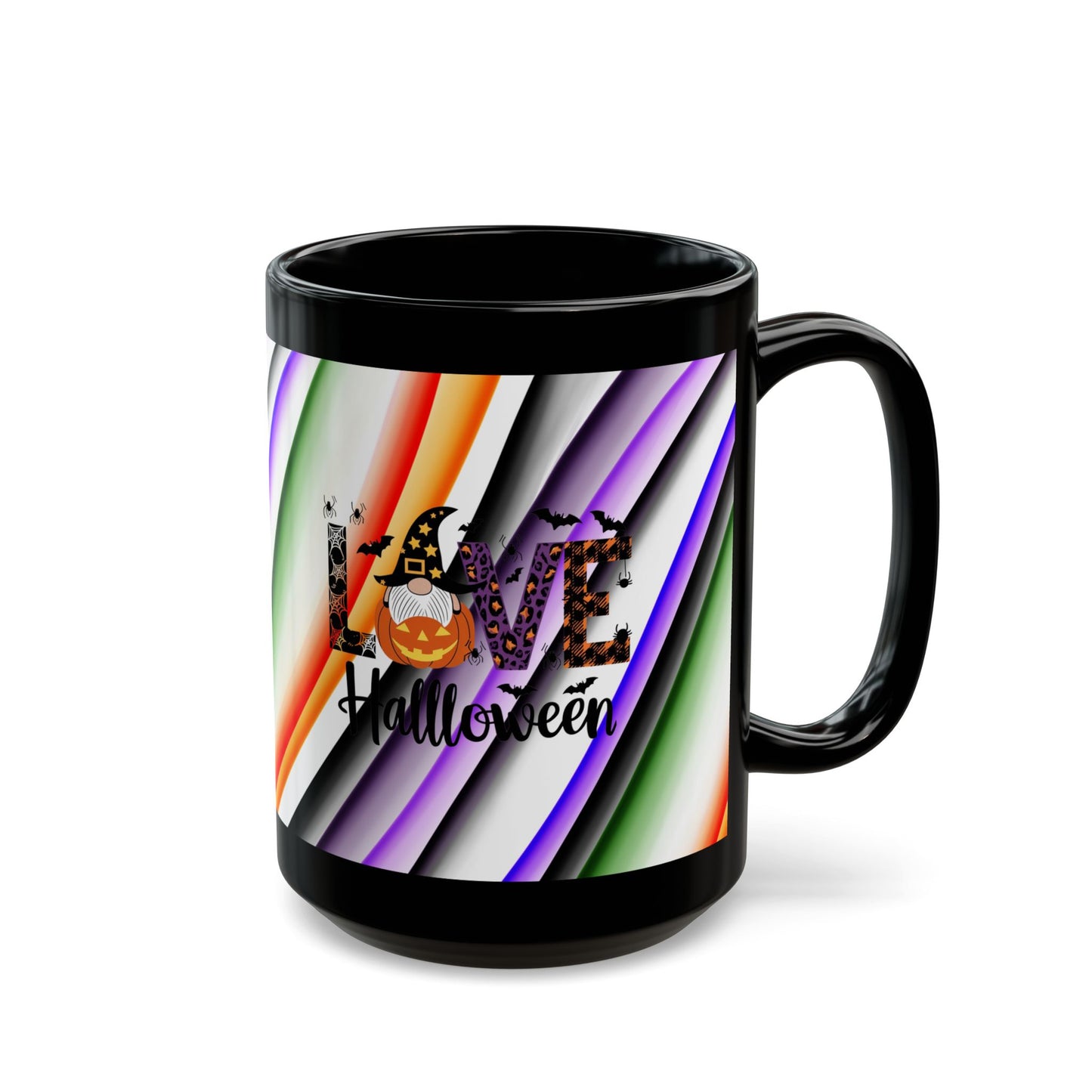 Halloween Theme with Gnome Black Mug (11oz, 15oz) Halloween Lovers, Coffee, Tea, Hot Chocolate lovers, Great Gift Idea for Any Occasion for Anyone