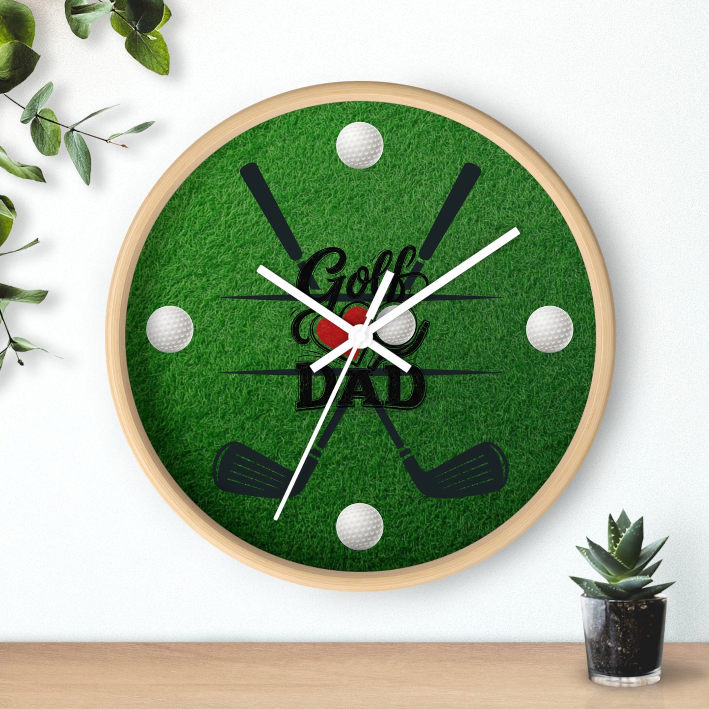 Golf Dad Wall Clock - Green Turf with Golf Ball & Clubs Father's Day Clock