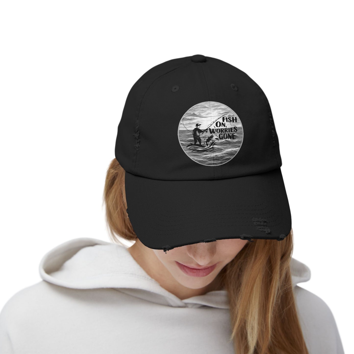 Fishing Themed "Fish On Worries Gone" Distressed Cap - Perfect Gift for Anglers, Outdoor Enthusiasts, Summer Vibes, Relaxation Hats, Fun Fishing Accessories