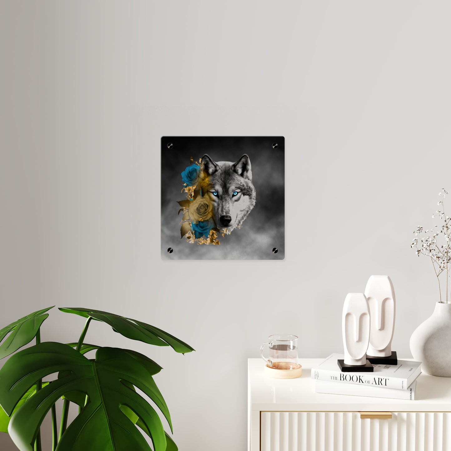 Lively Wolf Acrylic Wall Art Panel - Blue Roses Decor