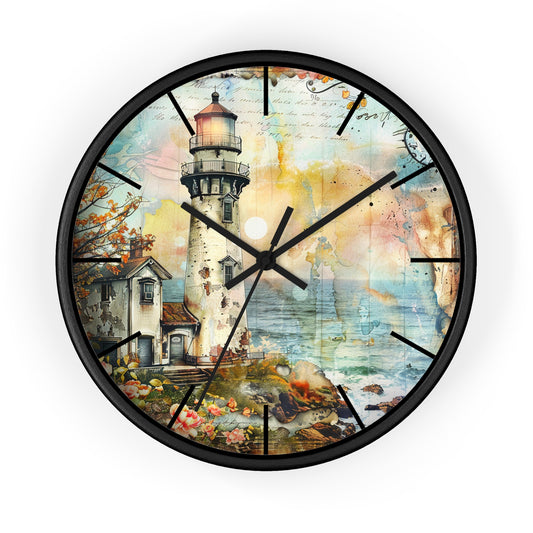Watercolor Lighthouse Wall Clock - Coastal Home Office Decor Gift