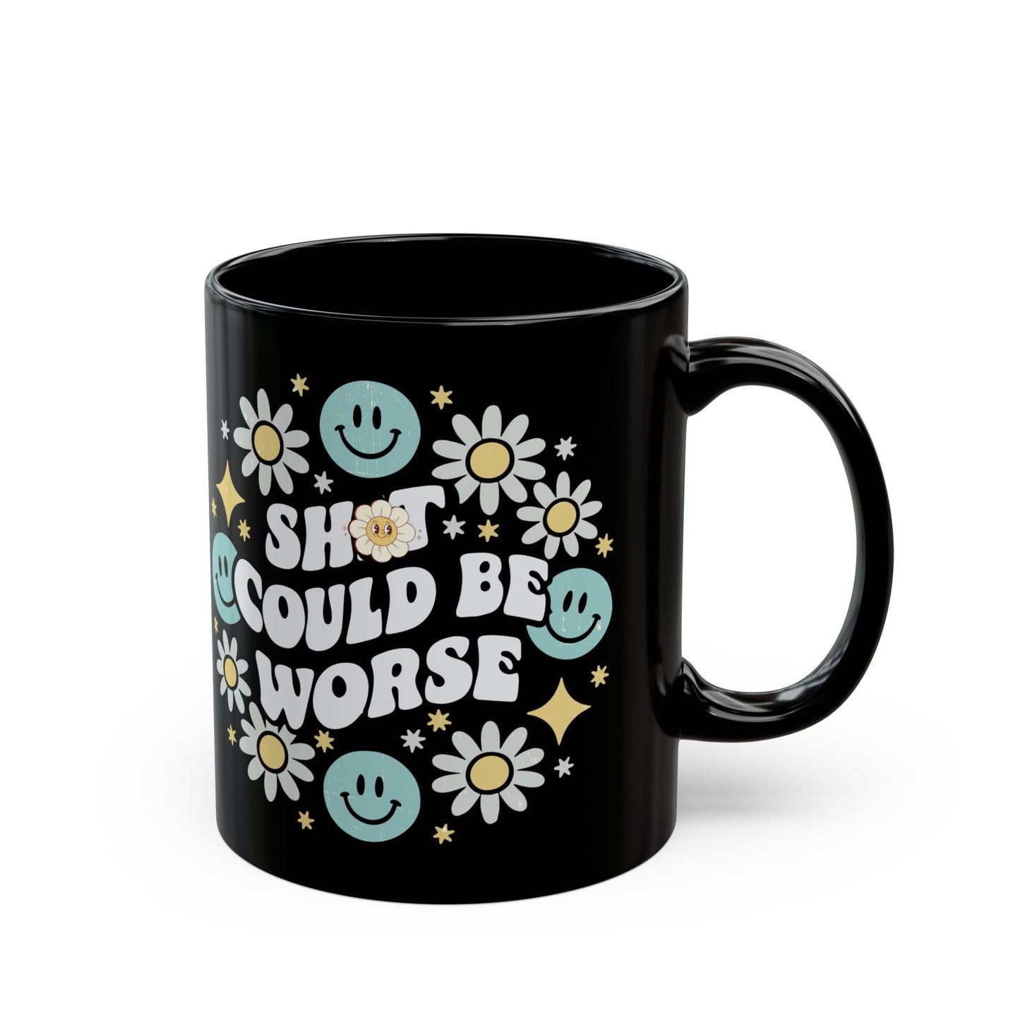 Funny Motivational Black Mug, Cute Gift for Friends, Flower Design, Positive Vibes, Encouragement Beverage Holder