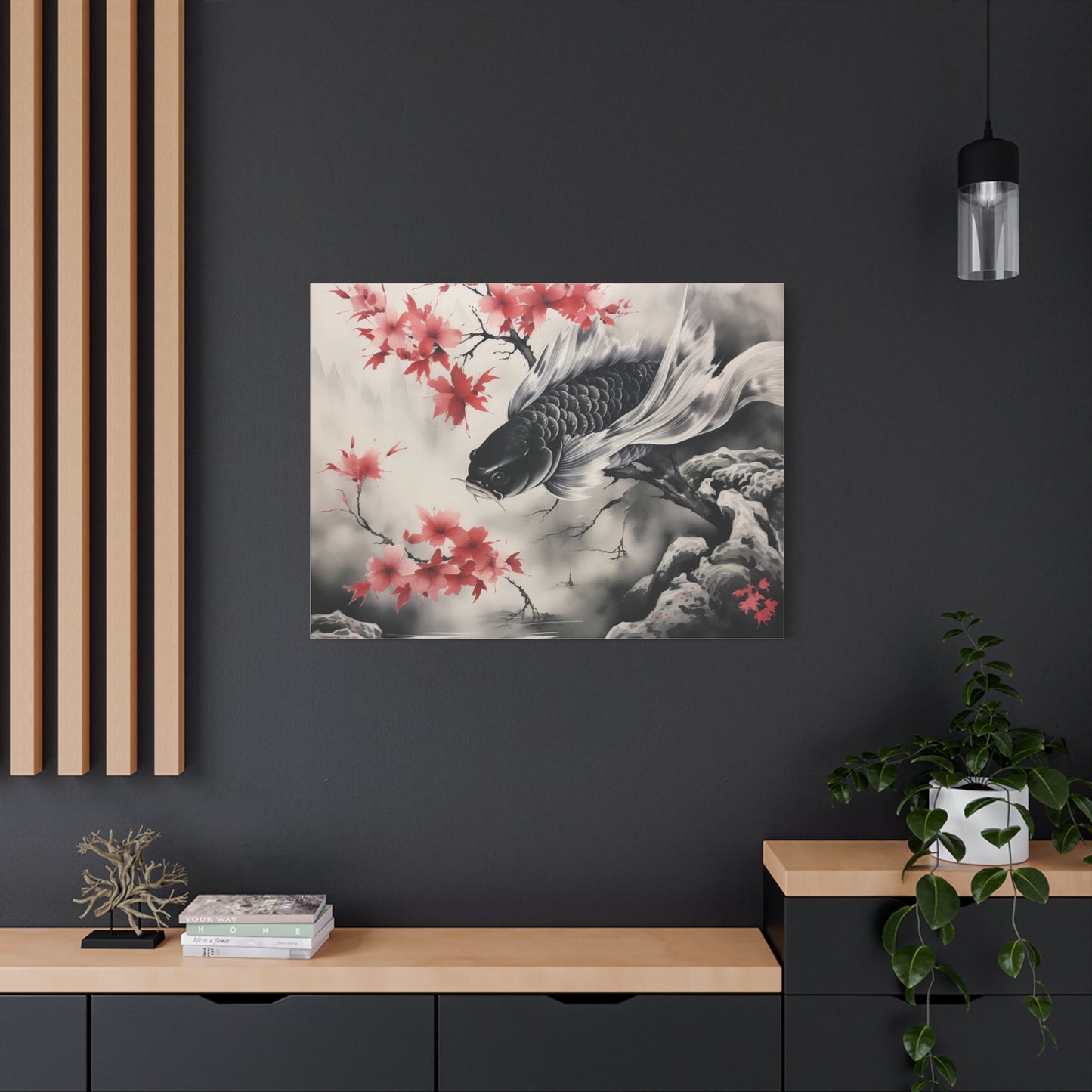 Koi Fish Artwork Canvas Wall Art Print - Elegant Decorative Wall Art with Cherry Blossoms