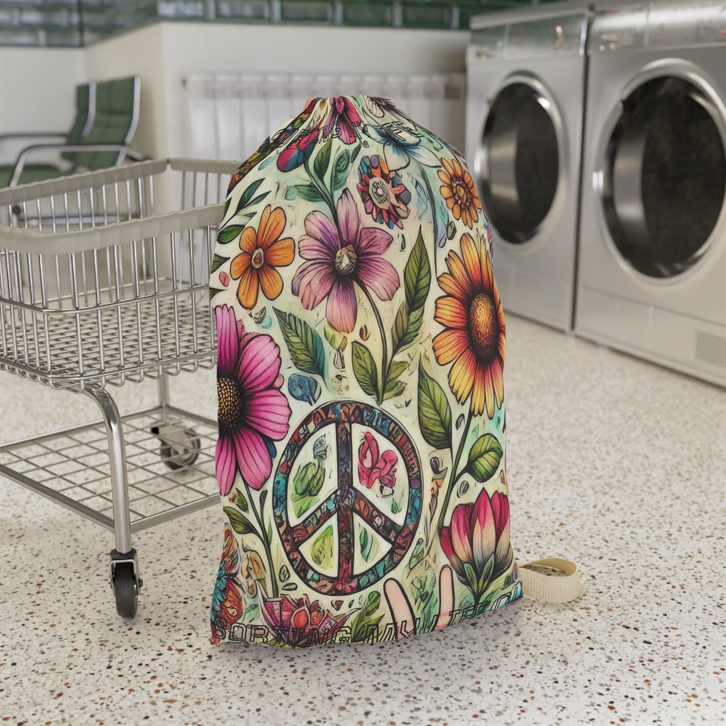Floral Peace Laundry Bag — Boho Hippie Drawstring Hamper - "Sorting My Life Out" saying