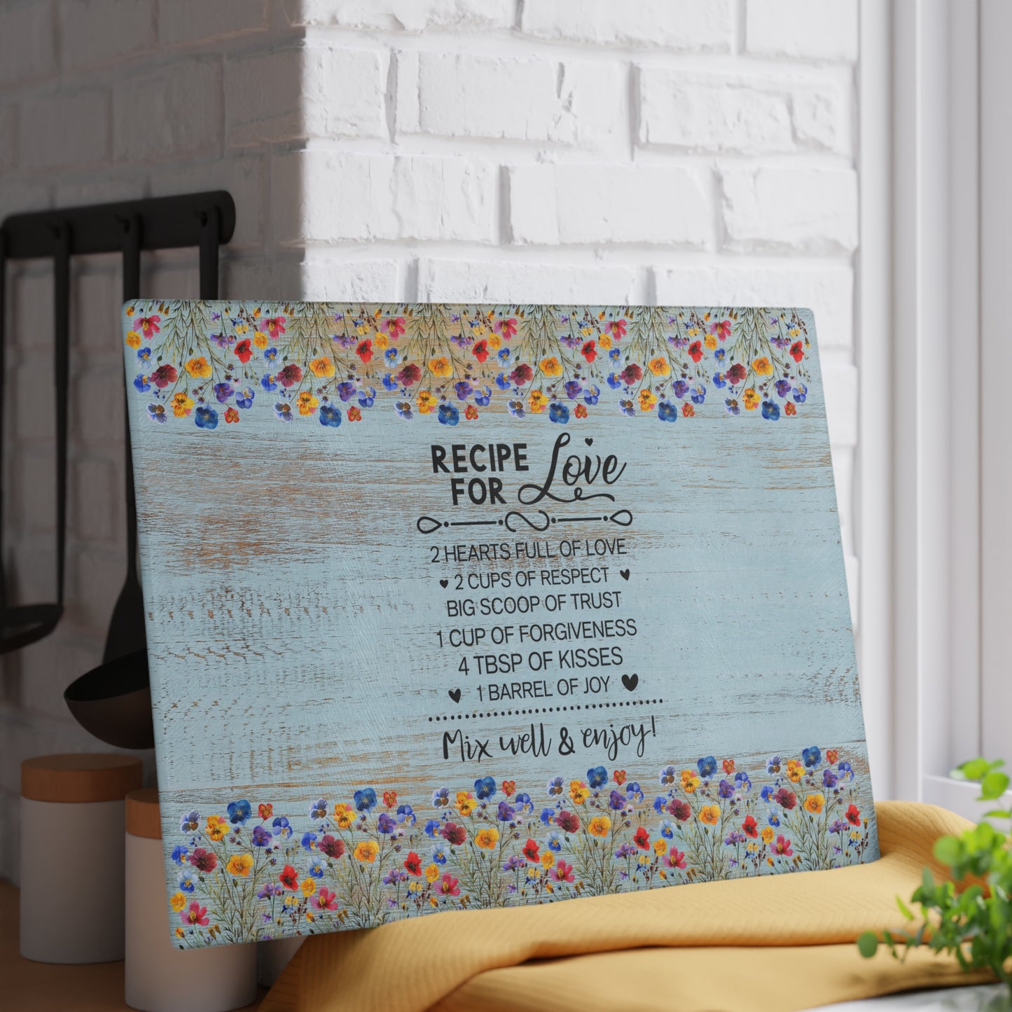 Glass Cutting Board - "Recipe for Love" Floral Kitchen Decor, Decorative Tempered Glass Chopping Board, Wedding & Mother’s Day Gift