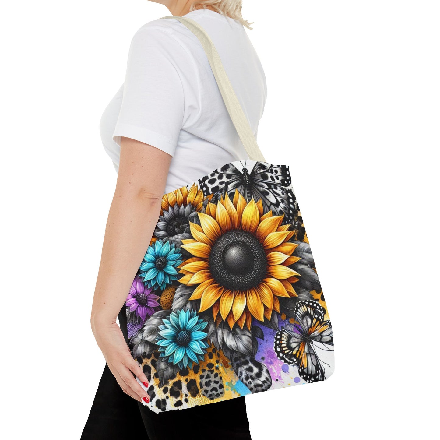 Sunflower & Butterfly Tote Bag — Colorful Floral All-Over Print