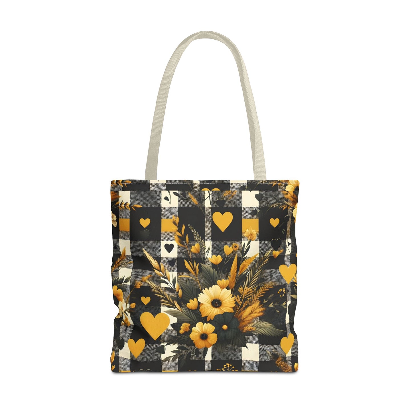 Stylish Yellow and Black Plaid Pattern with Floral and Hearts Tote Bag(AOP)