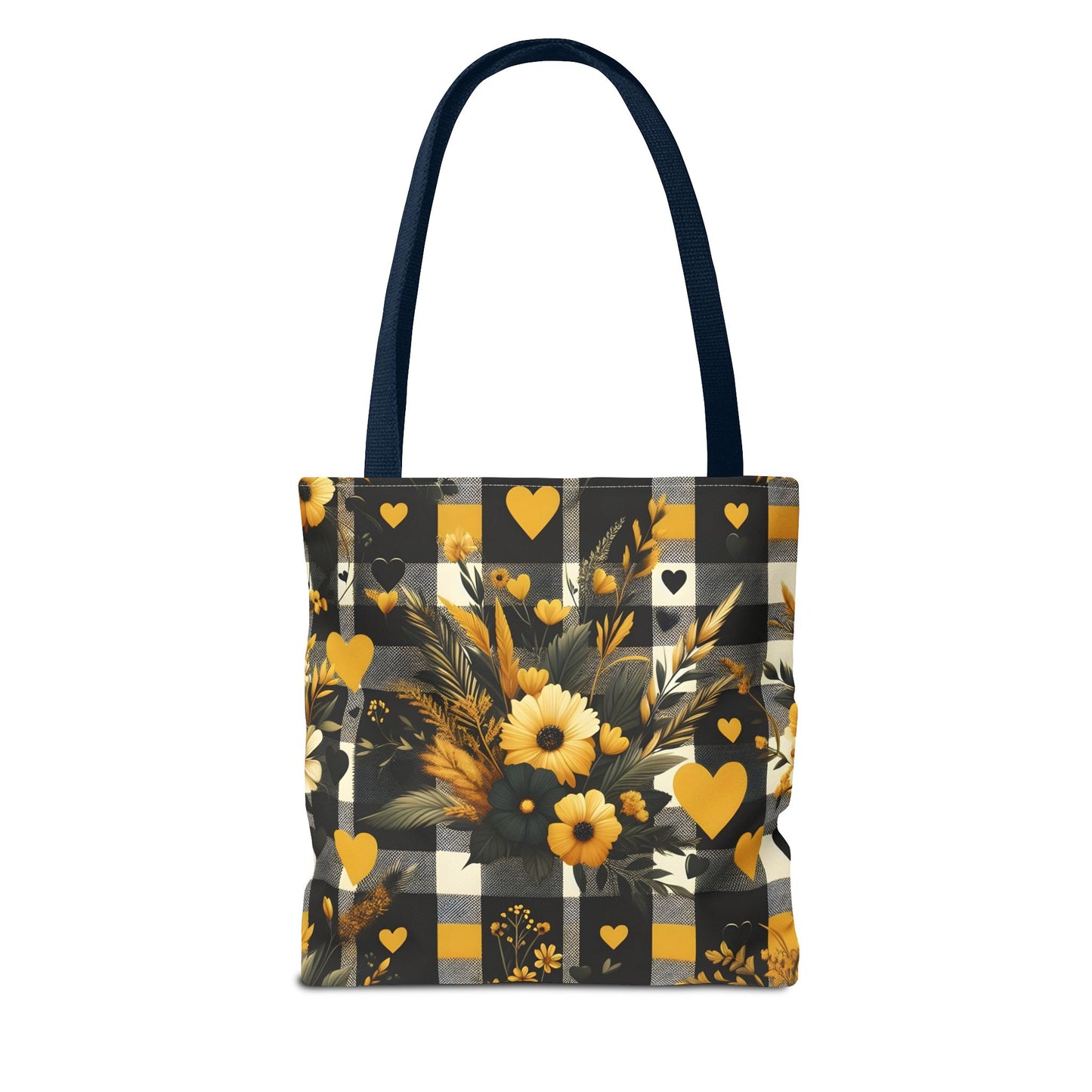 Stylish Yellow and Black Plaid Pattern with Floral and Hearts Tote Bag(AOP)