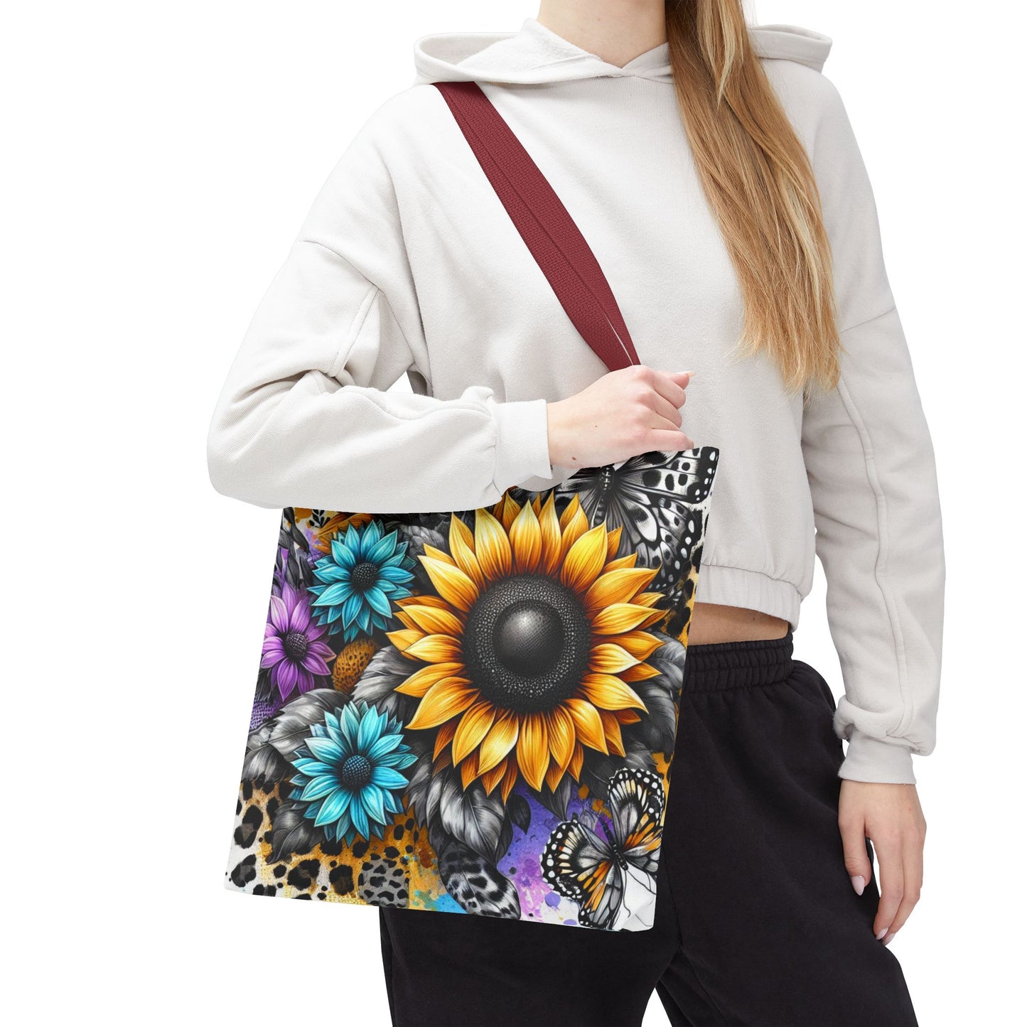 Sunflower & Butterfly Tote Bag — Colorful Floral All-Over Print