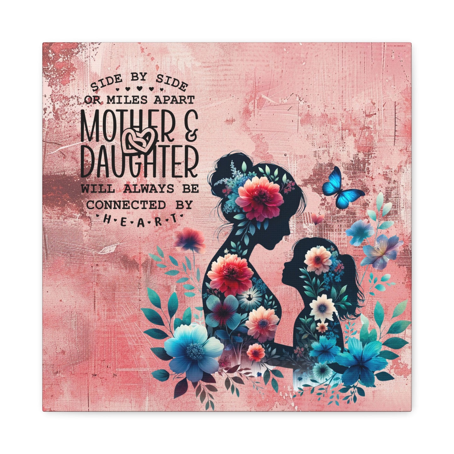 Mother-Daughter Love With Floral And Butterfly Canvas Wall Art Print