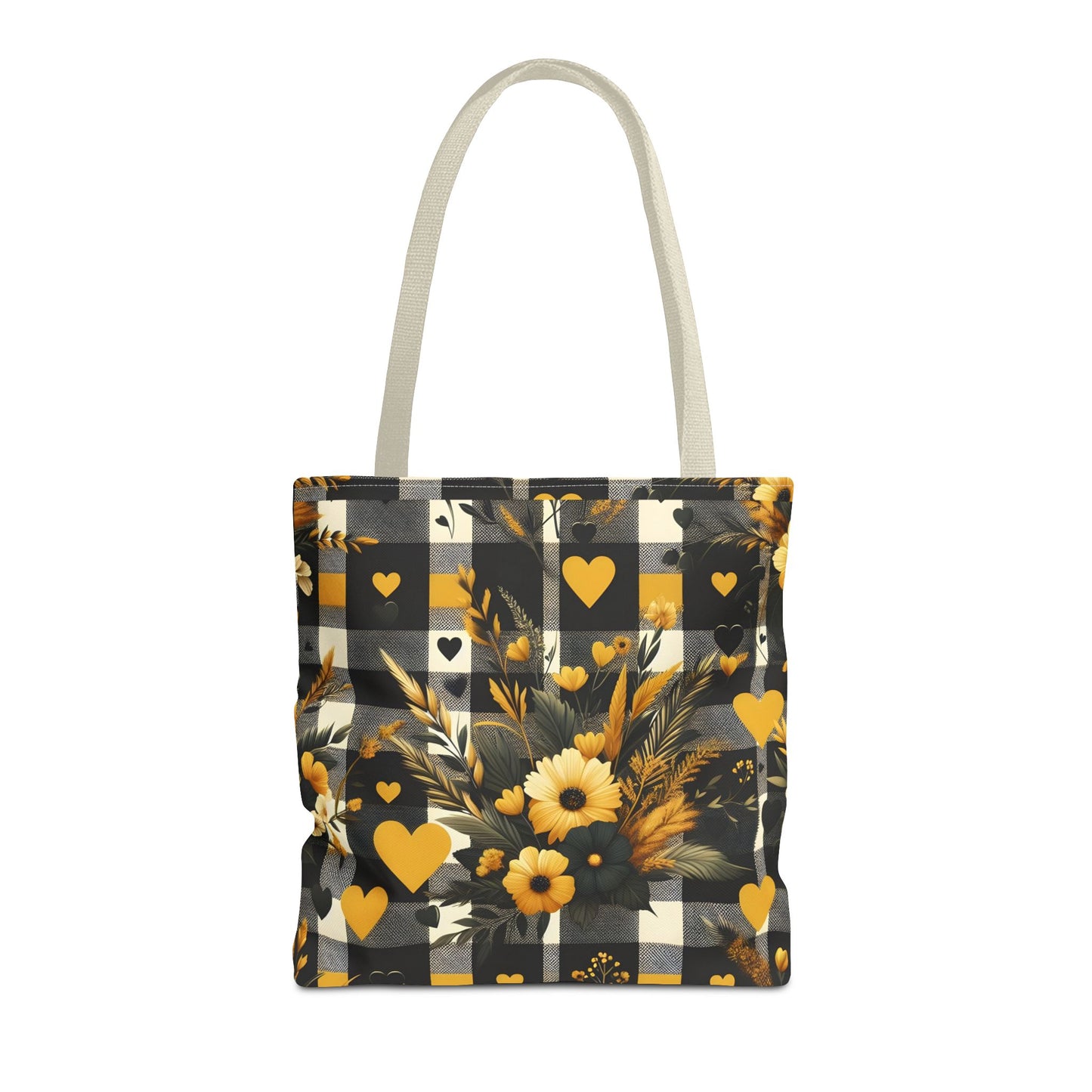 Stylish Yellow and Black Plaid Pattern with Floral and Hearts Tote Bag(AOP)