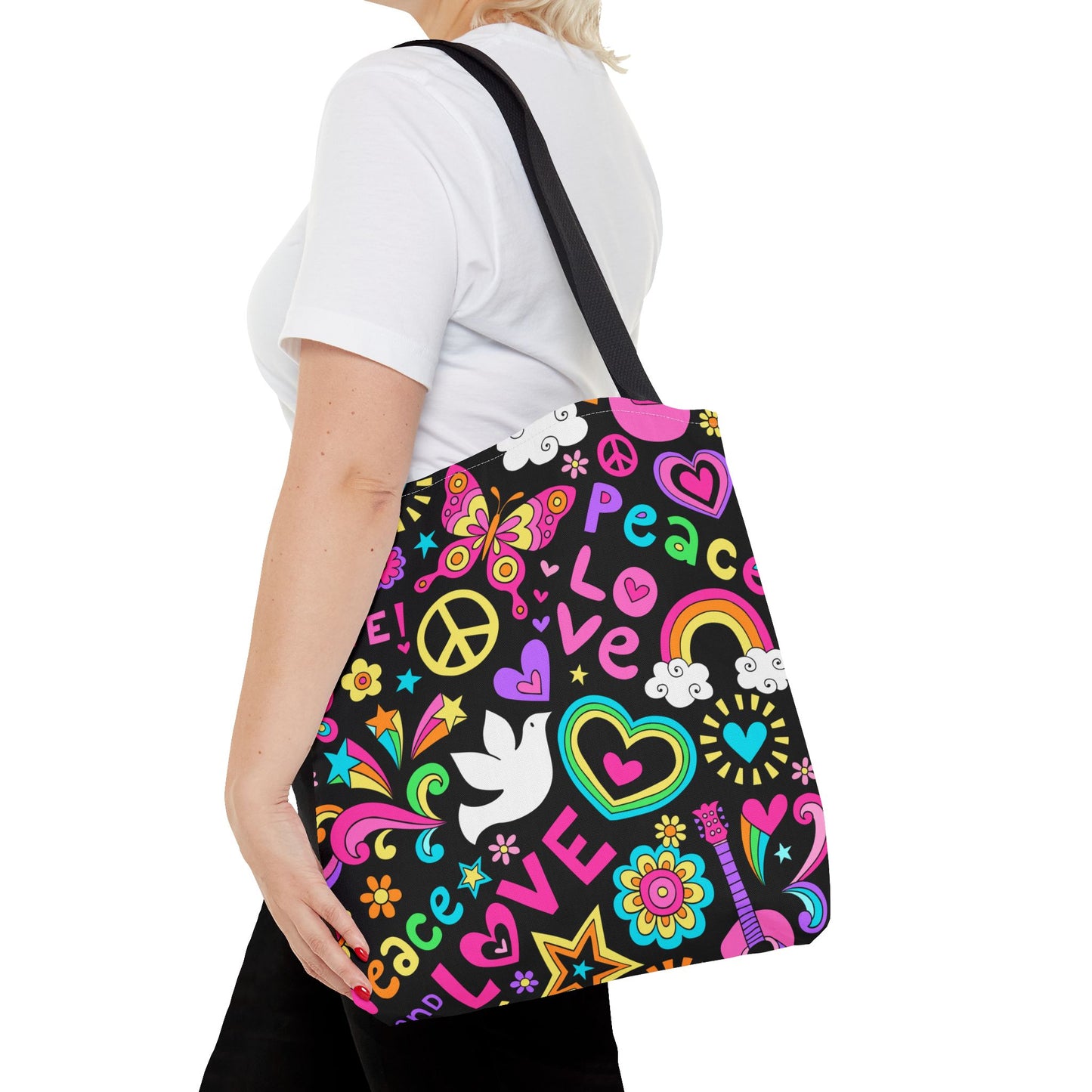 Fashionable Tote Bag (AOP), Stylish, Peace Lovers, Hippie Theme, Great Gift Idea for Birthdays, Holidays or Any Occasion for Anyone