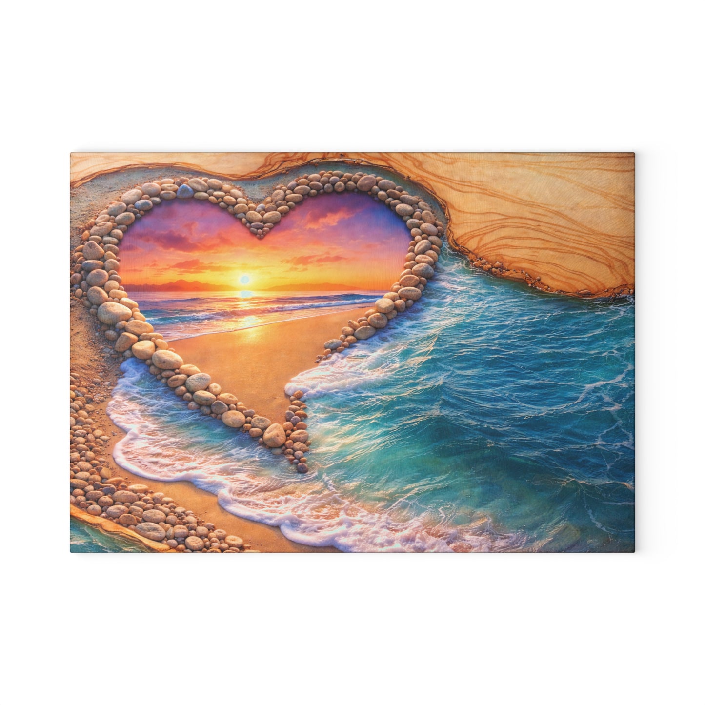 Glass Cutting Board - Heart Beach Sunset Seaside Design