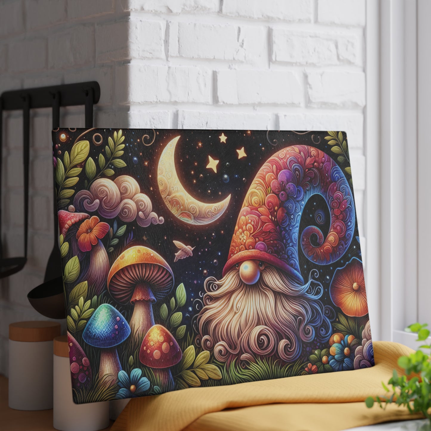 Whimsical Gnome Glass Cutting Board - Colorful Kitchen Decor