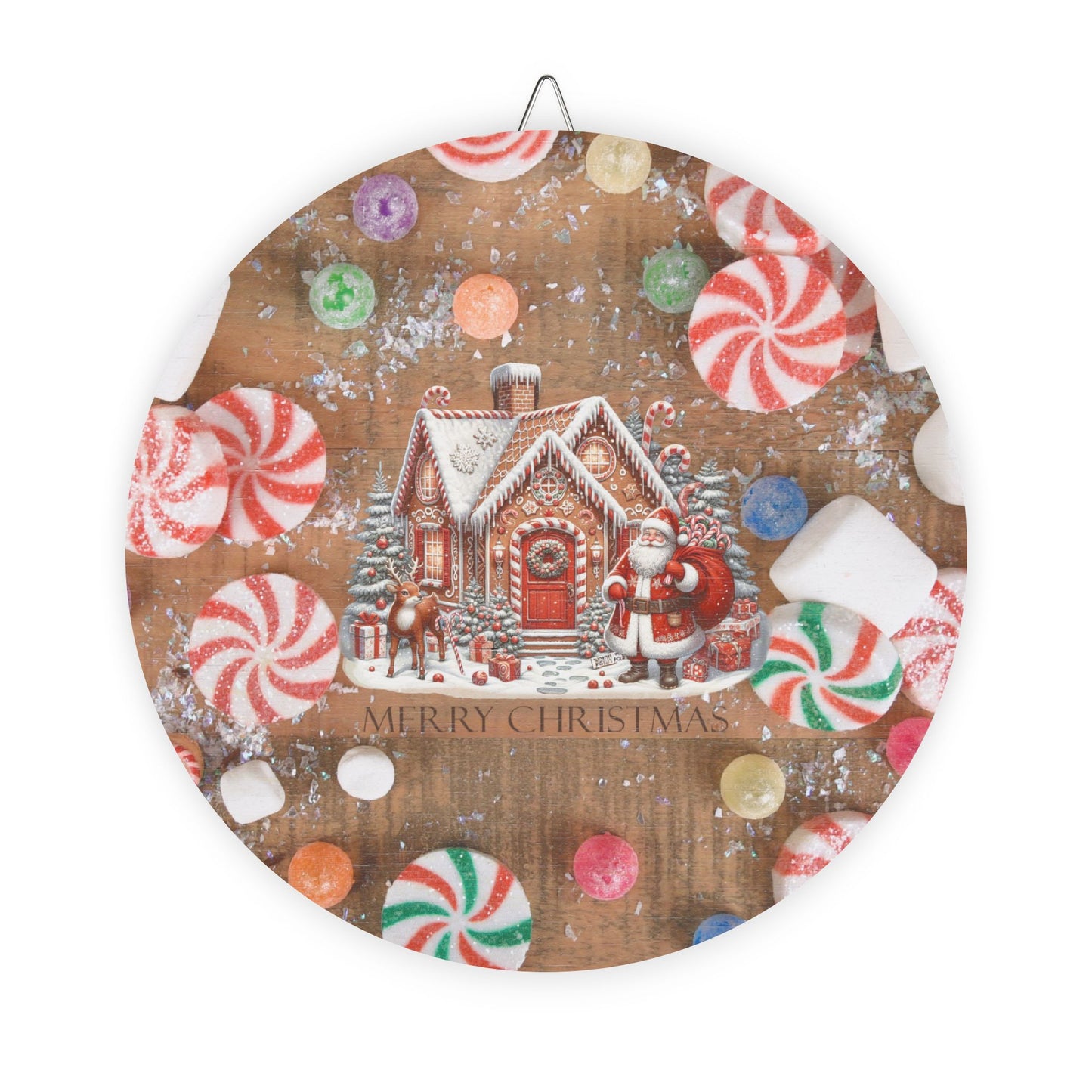 Rustic Charm Gingerbread House & Santa Claus Wood Signs With Candy Background.