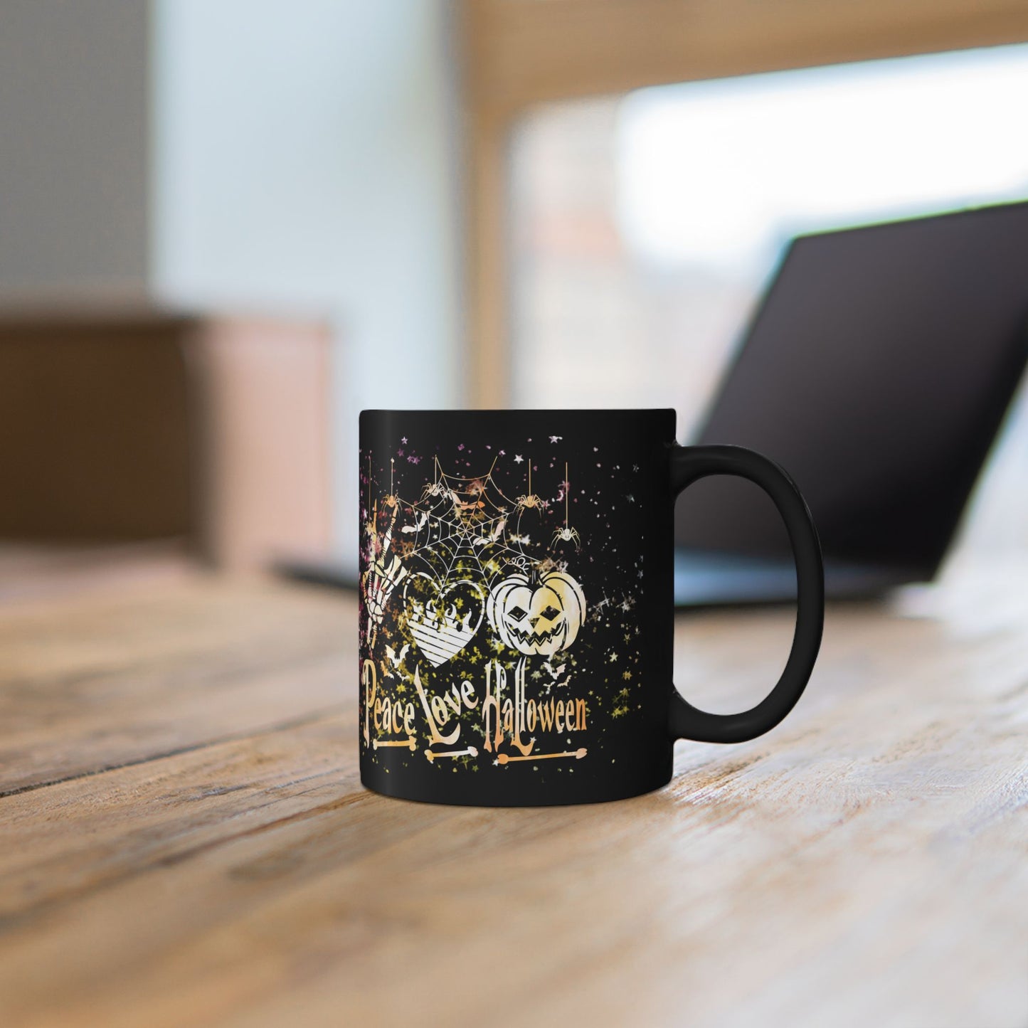 Halloween-Themed Black Mug | Peace Love Halloween Design, Spooky Coffee Cup, Fall Gift, Haunted House Decor, October Celebration