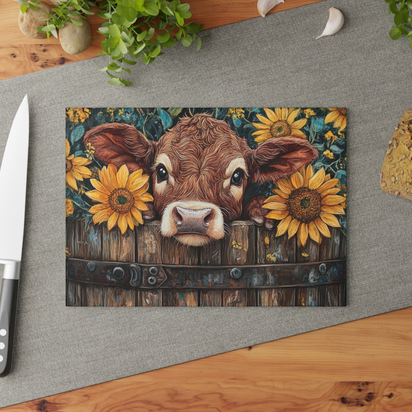 Cow and Sunflower Glass Cutting Board - Rustic Kitchen Decor