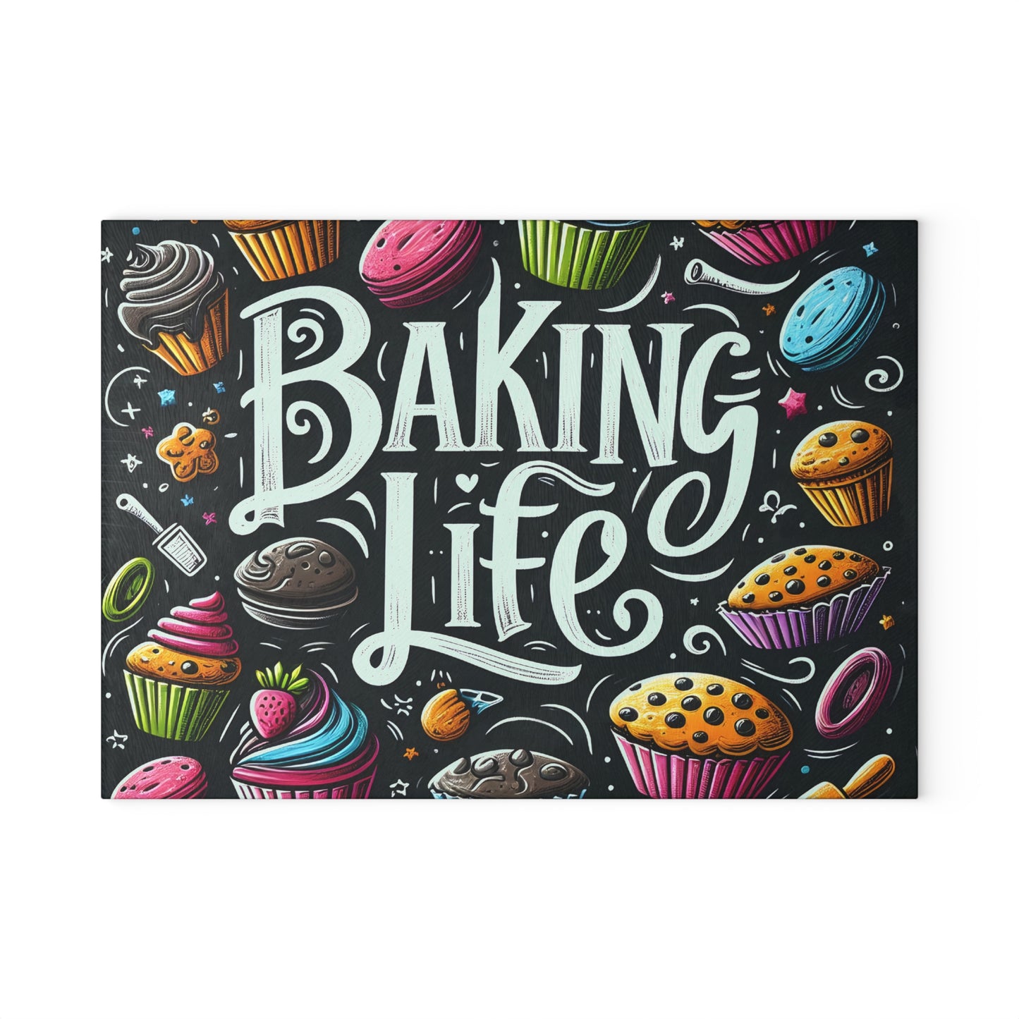 Baking Life Glass Cutting Board - Colorful Culinary Art for Baking Enthusiasts