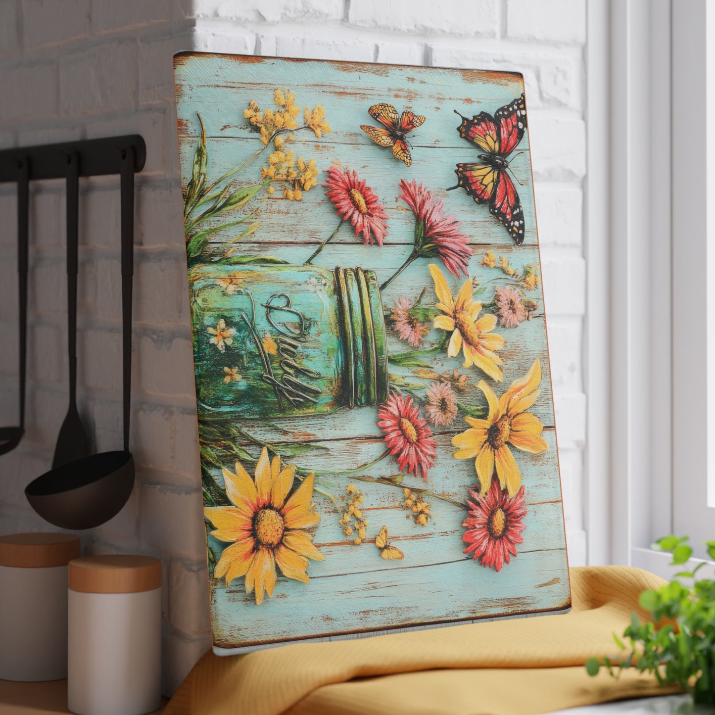 Floral Mason Jar Glass Cutting Board - Rustic Charm