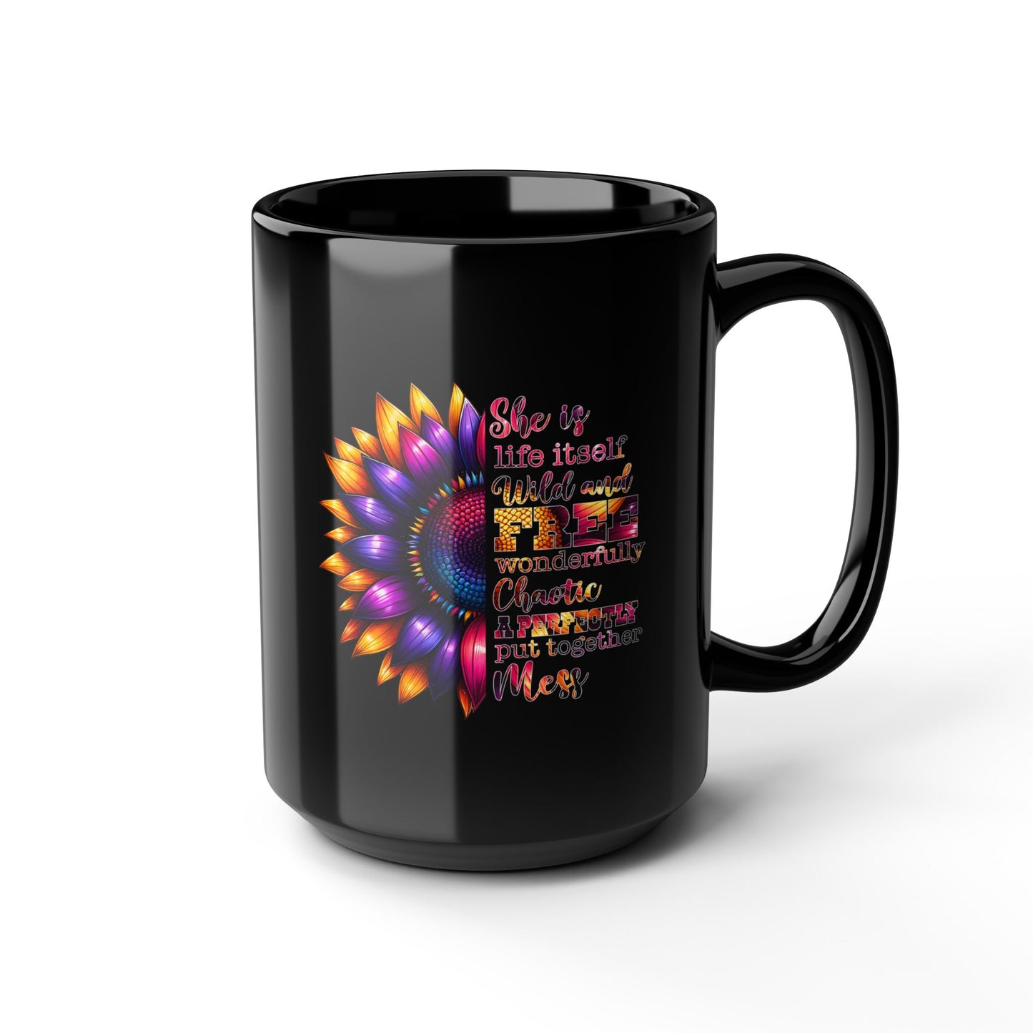 Inspirational Black Mug with Colorful Flower Design - Perfect Gift for Women