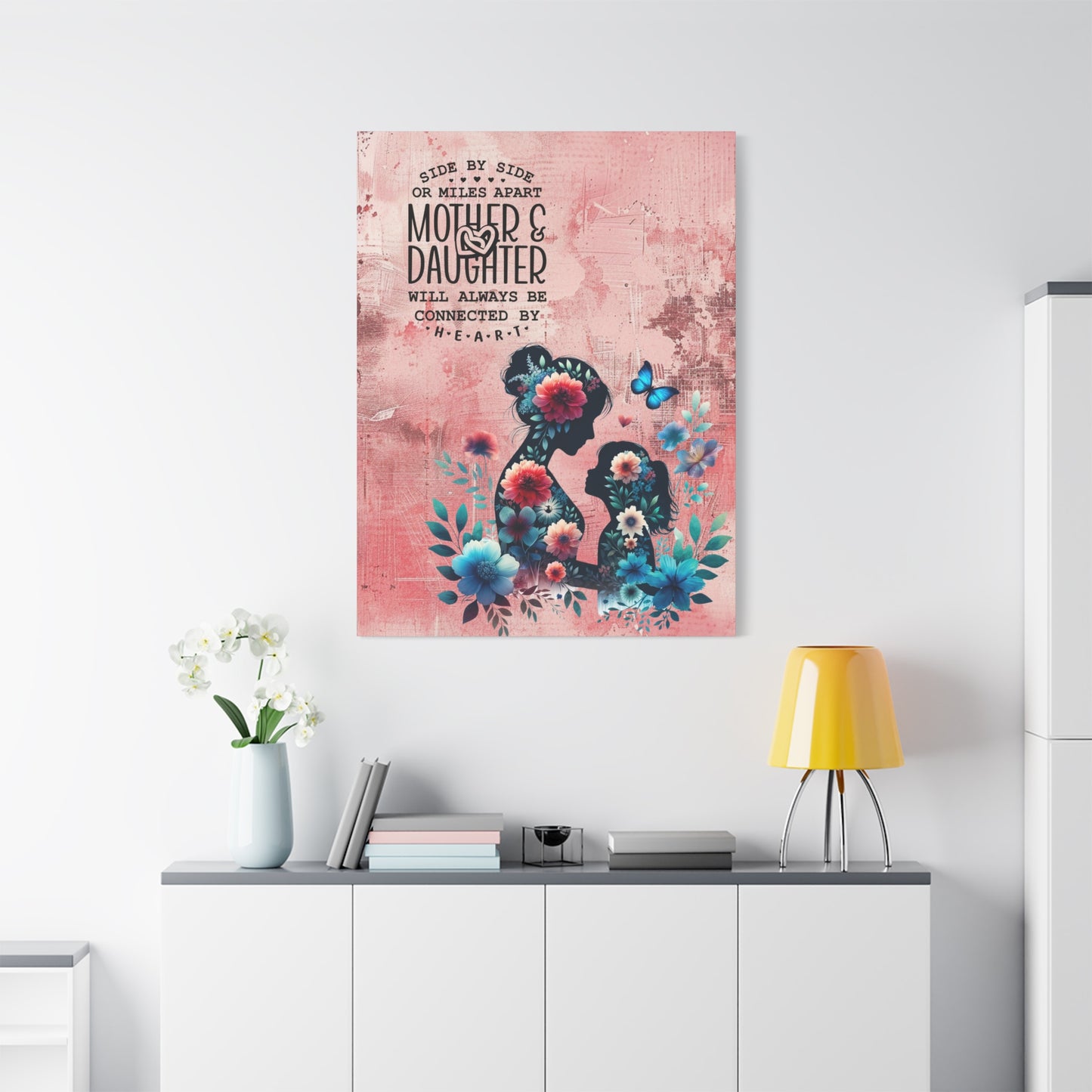 Mother-Daughter Love With Floral And Butterfly Canvas Wall Art Print
