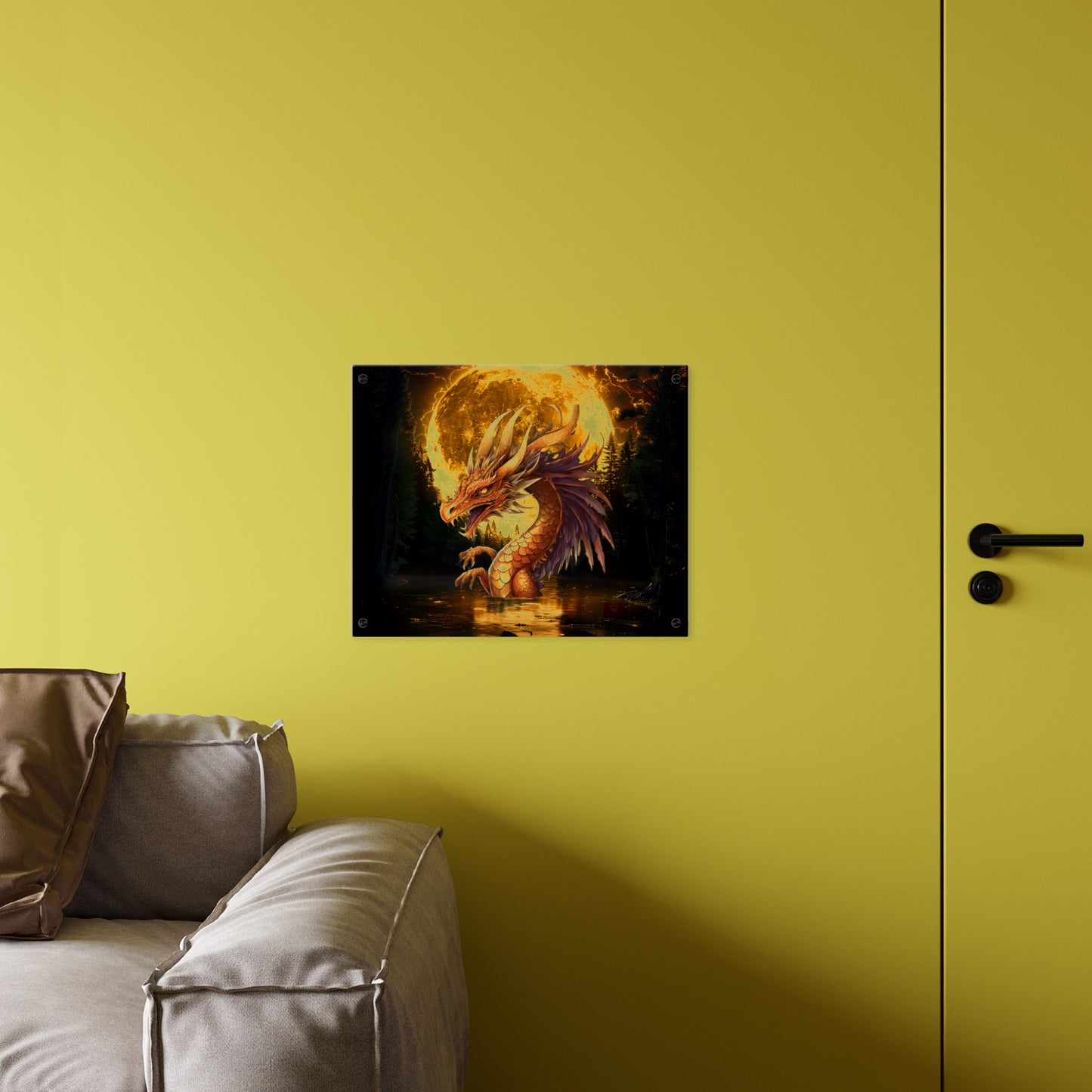 Gothic Theme Acrylic Wall Art Panel, Purple Dragon with Moon Background, Dragon Lovers, For Anyone, Accent for Any Room