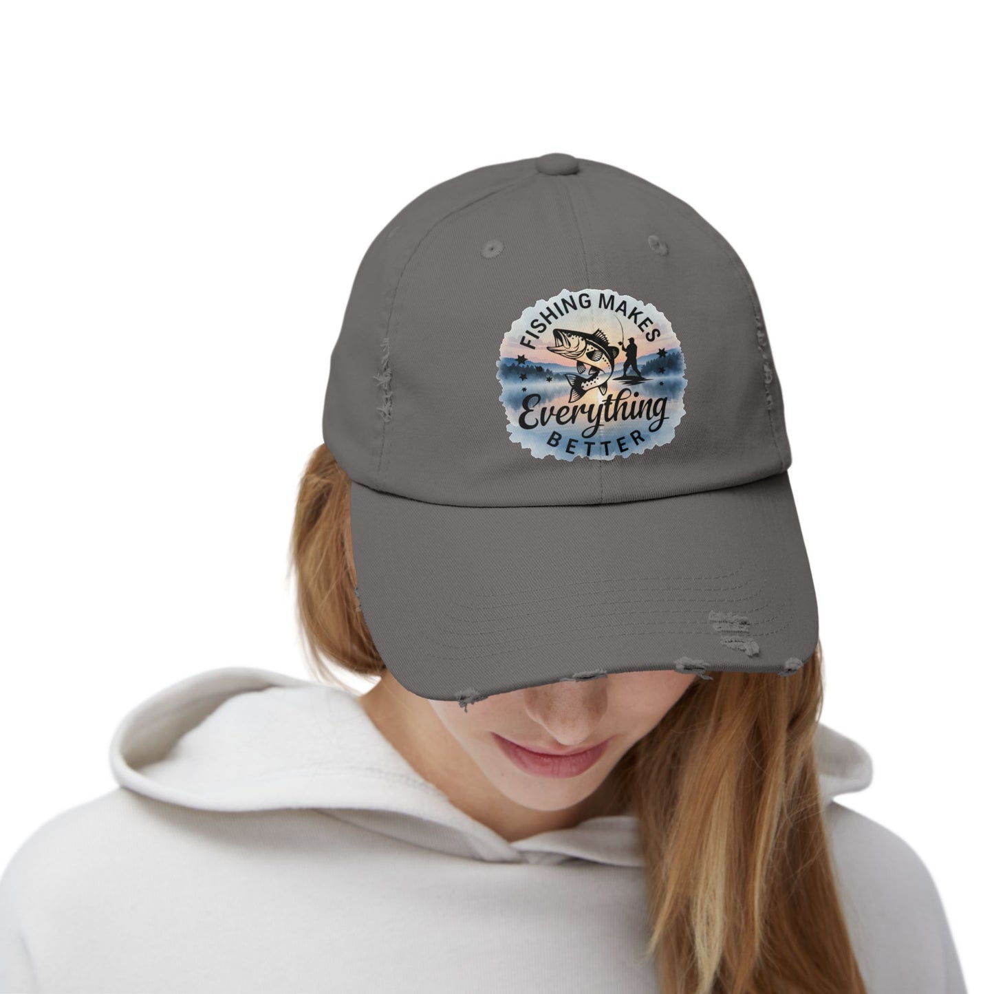Fishing Humor "Fishing Makes Everything Better" Distressed Cap | Unisex Summer Hat, Fishing Accessories, Outdoor Gear, Gift for Anglers, Casual Headwear