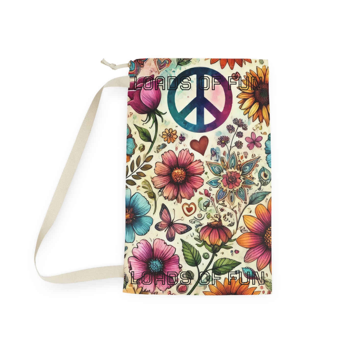 Peace & Flowers Laundry Bag — Boho Floral Drawstring Bag for Travel & Dorm - "Loads of Fun" saying